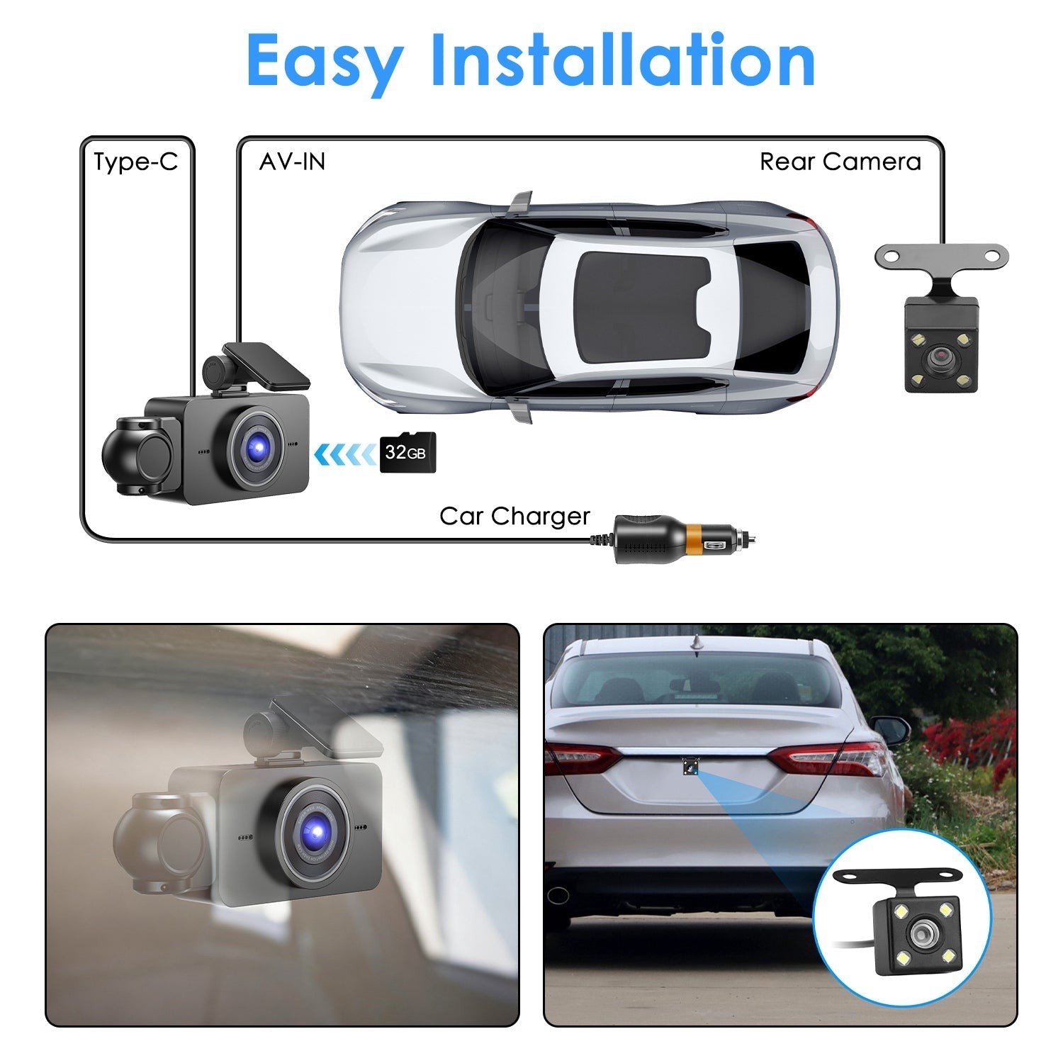 WiFi 1080P 3-Channel Dash Cam with Night Vision & 32GB Card