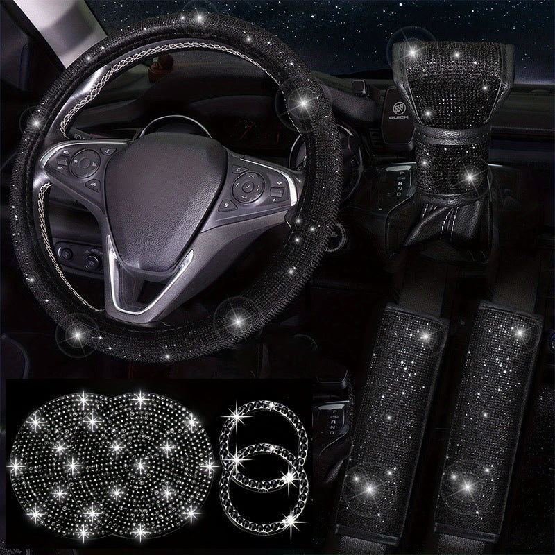 Diamond Set Leather Steering Wheel Cover Rhinestones Steering Wheel Cover With Crystal Breathable Anti-Slip Steering Wheel Protector Diamond Sparkling Car Steering Wheel Protector Vehicle Car Bling Steering Wheel Cover for Women Girls