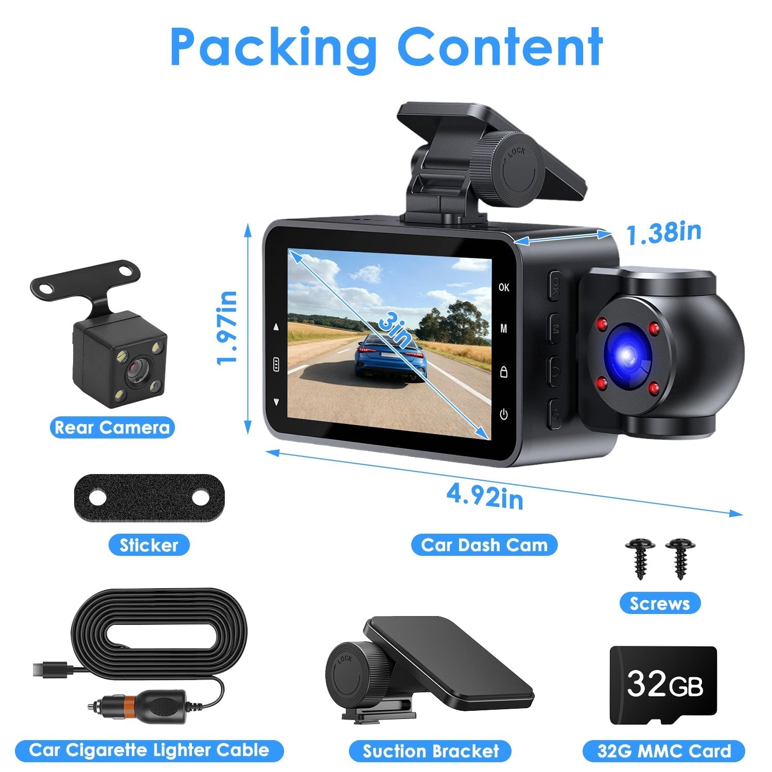 WiFi 1080P 3-Channel Dash Cam with Night Vision & 32GB Card