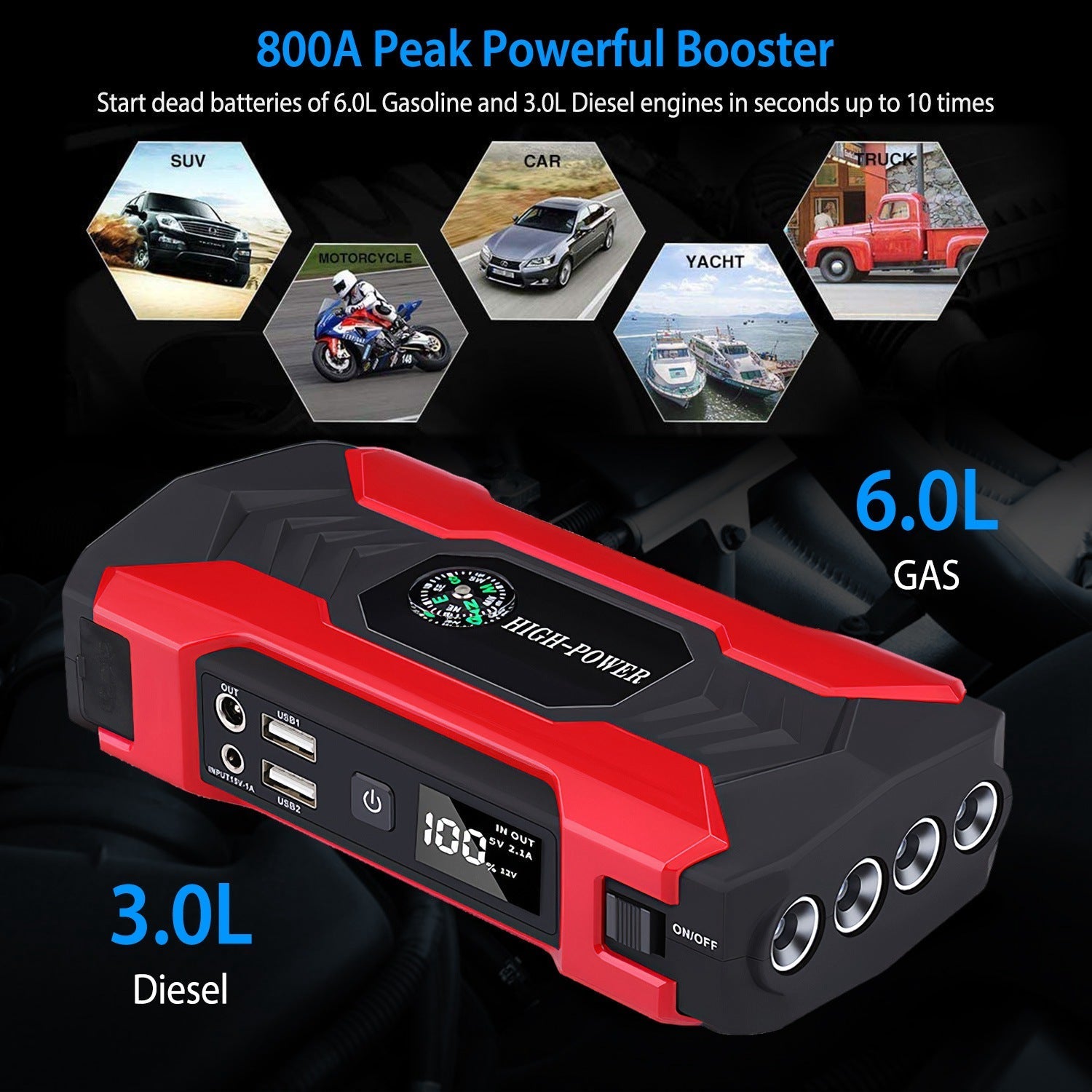 Car Jump Starter Booster 800A Peak 28000mAh 12V Battery Charger (Up to 6.0L Gas or 3.0L Diesel Engine) w/ LCD Screen 4 Modes LED Flashlight