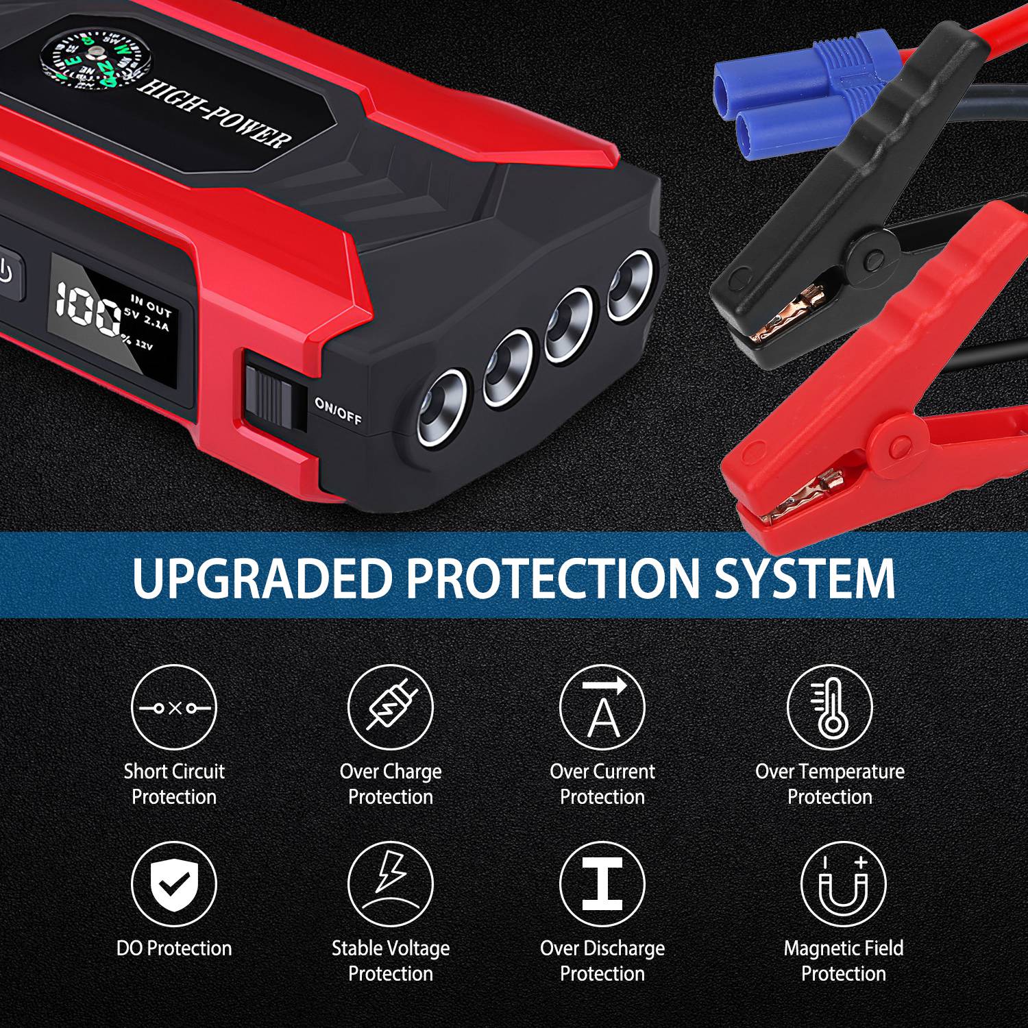 Car Jump Starter Booster 800A Peak 28000mAh 12V Battery Charger (Up to 6.0L Gas or 3.0L Diesel Engine) w/ LCD Screen 4 Modes LED Flashlight