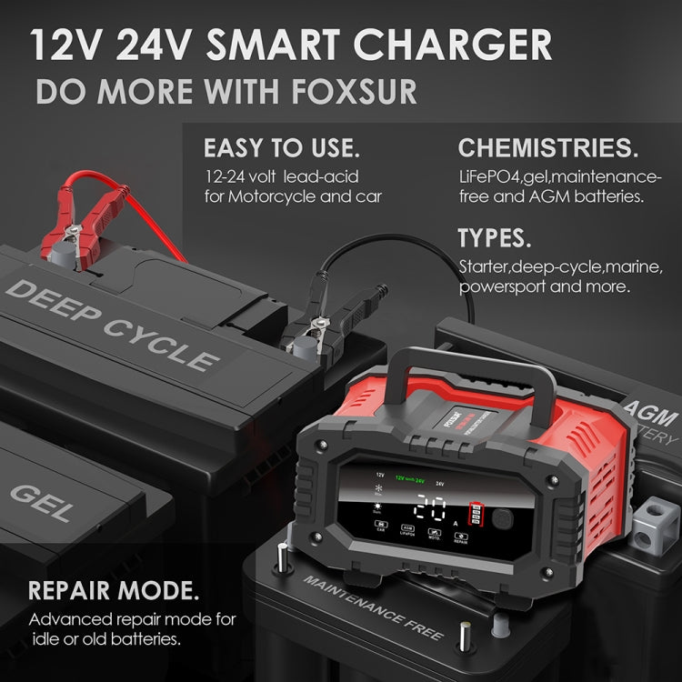 FOXSUR 12V / 24V 20A 300W Portable Car Smart Battery Charger (AU Plug)
