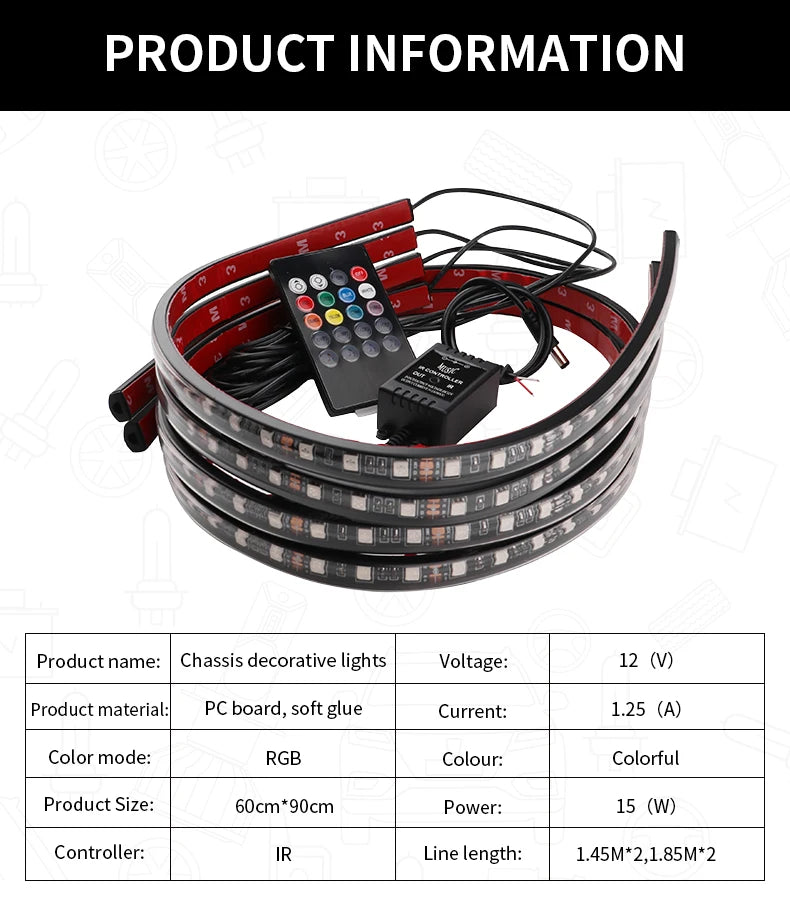 LED Neon Undercar Glow light 12V RGB Car Chassis Light Underglow Atmosphere Decorative Bar Lights Kit APP Control For Car Bottom