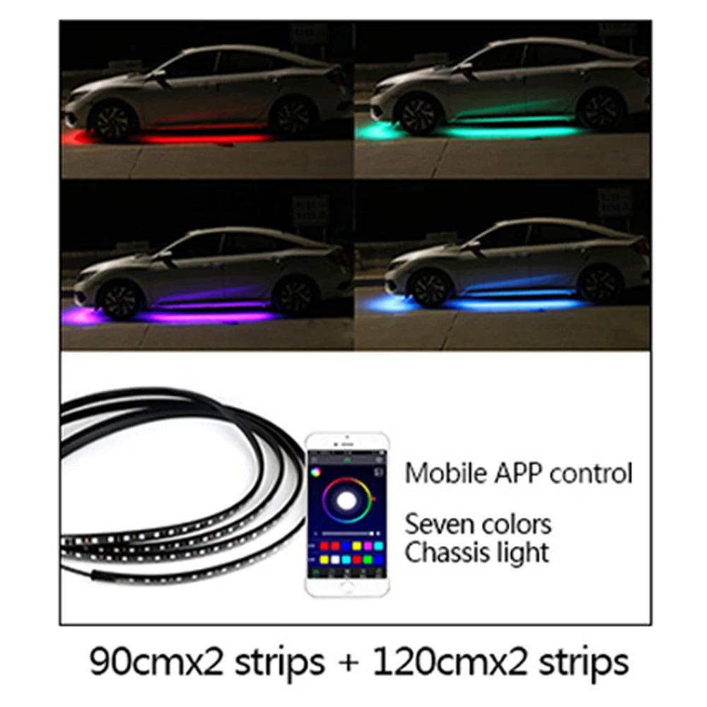 LED Neon Undercar Glow light 12V RGB Car Chassis Light Underglow Atmosphere Decorative Bar Lights Kit APP Control For Car Bottom