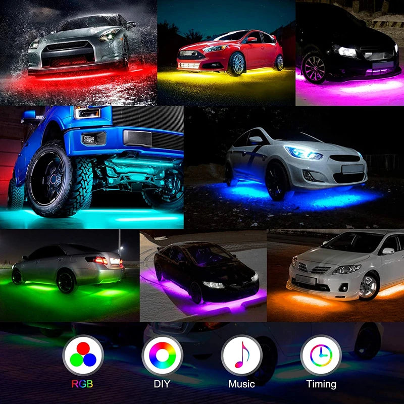 LED Neon Undercar Glow light 12V RGB Car Chassis Light Underglow Atmosphere Decorative Bar Lights Kit APP Control For Car Bottom