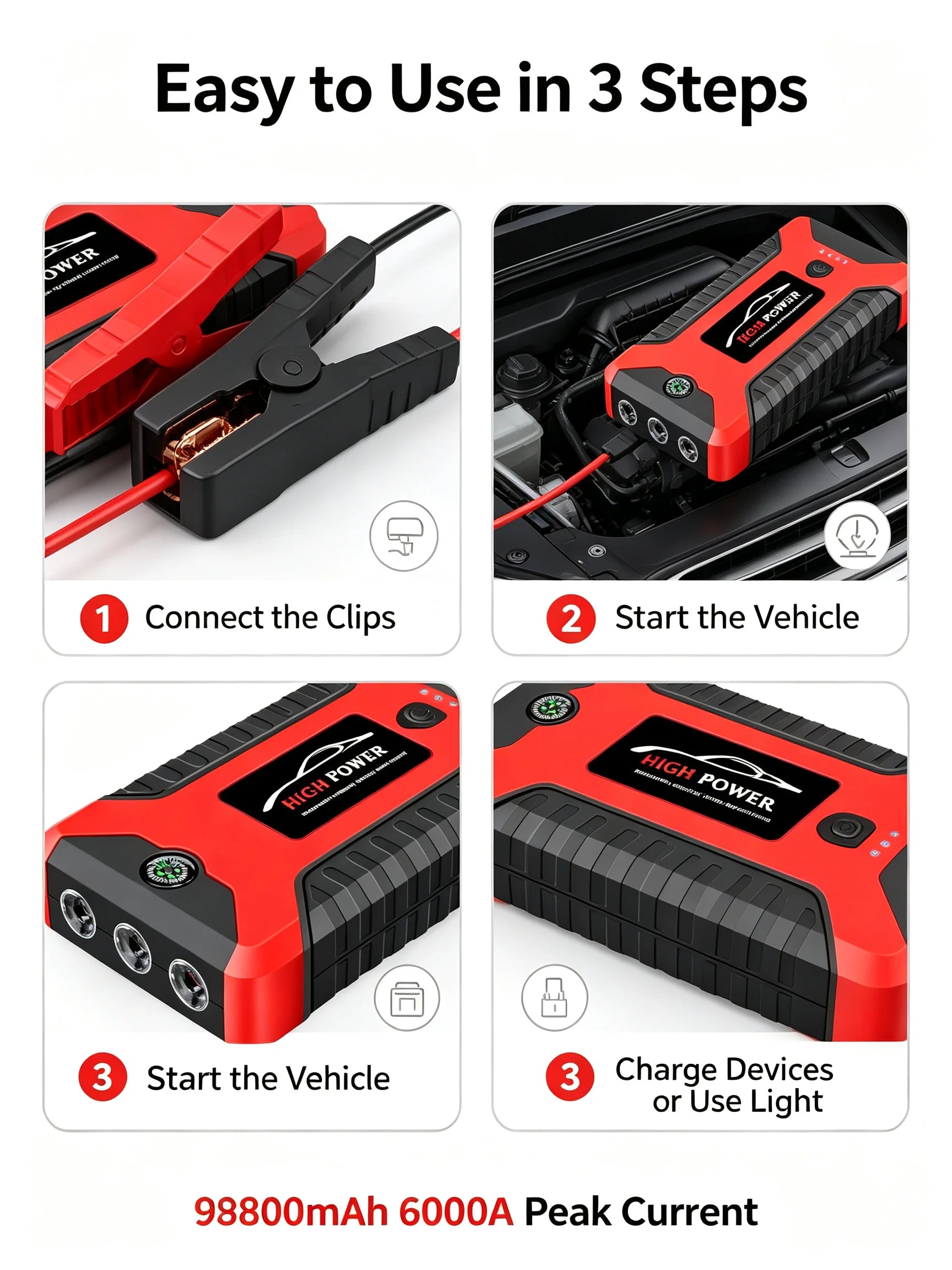 2026 Portable Car Jump Starter 12V Auto Jump Starter 99800mAh Petrol Diesel Power Bank Car Emergency Booster Start Air Pump