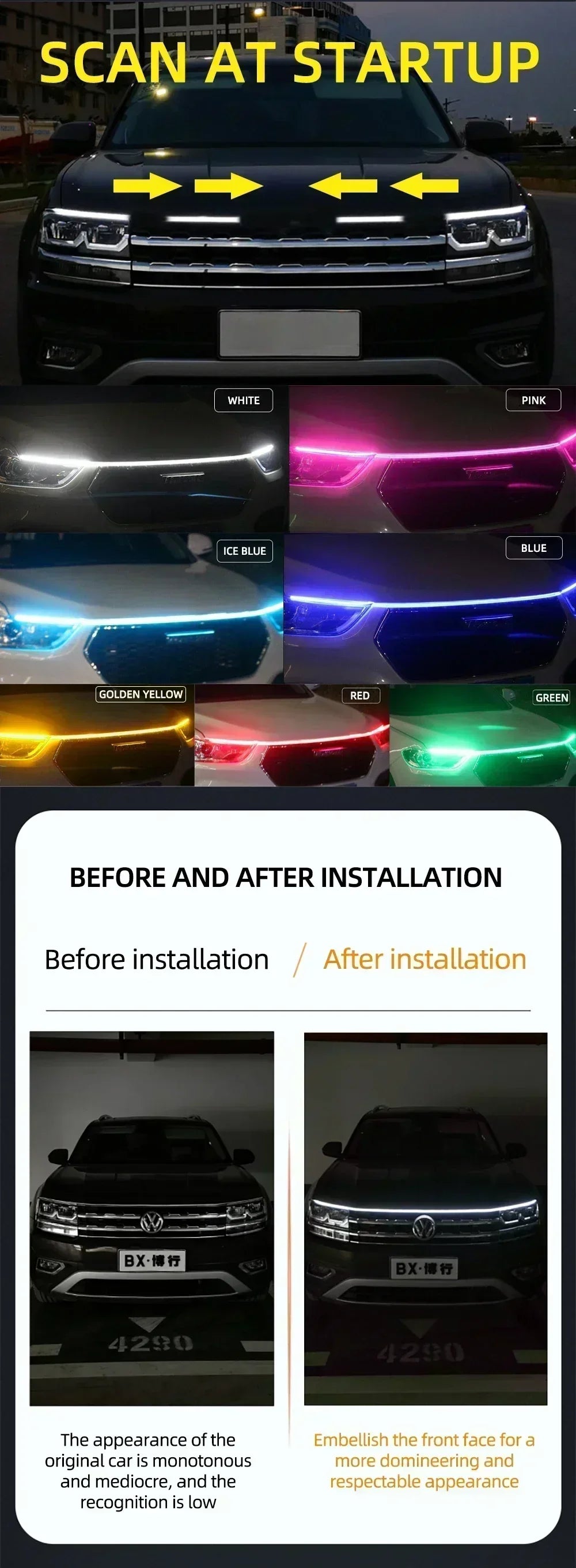 LED Car Hood Decorative Lights Daytime Running Light Steady on Starting DRL Auto Engine Guide Decorative Ambient Lamp 12V