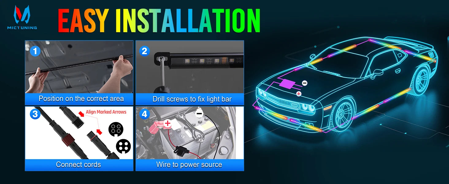 RGBW Car Underglow Light Strip 12V LED Underbody Ambient Light with Aluminum Housing, Car Exterior Neon Accent IP68 Waterproof