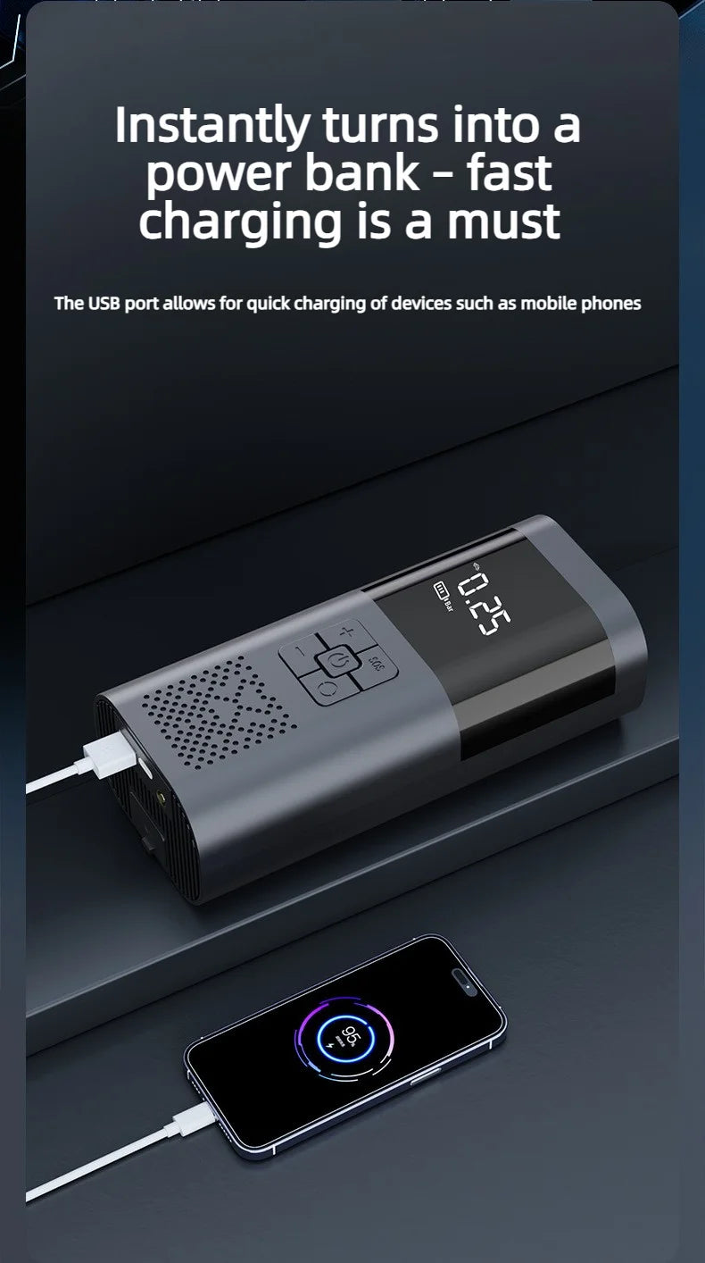 Car emergency jump starter with built-in air pump, 12V battery emergency power supply, and jump-start device