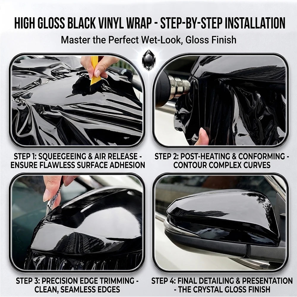 Premium Glossy Bright Black Self-adhesive Vinyl Car Wrap Film Vehicle Decal Paper Based Package Auto Decor Film Air Bubble Free