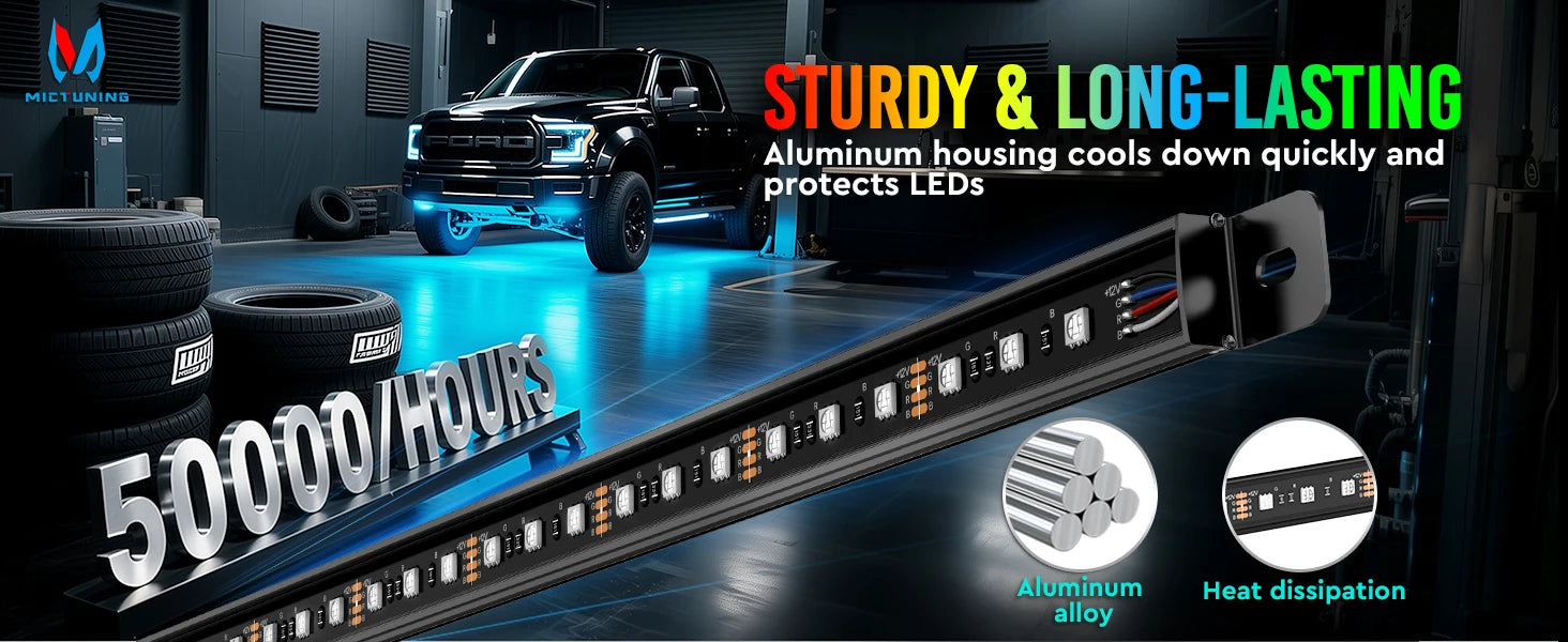 RGBW Car Underglow Light Strip 12V LED Underbody Ambient Light with Aluminum Housing, Car Exterior Neon Accent IP68 Waterproof