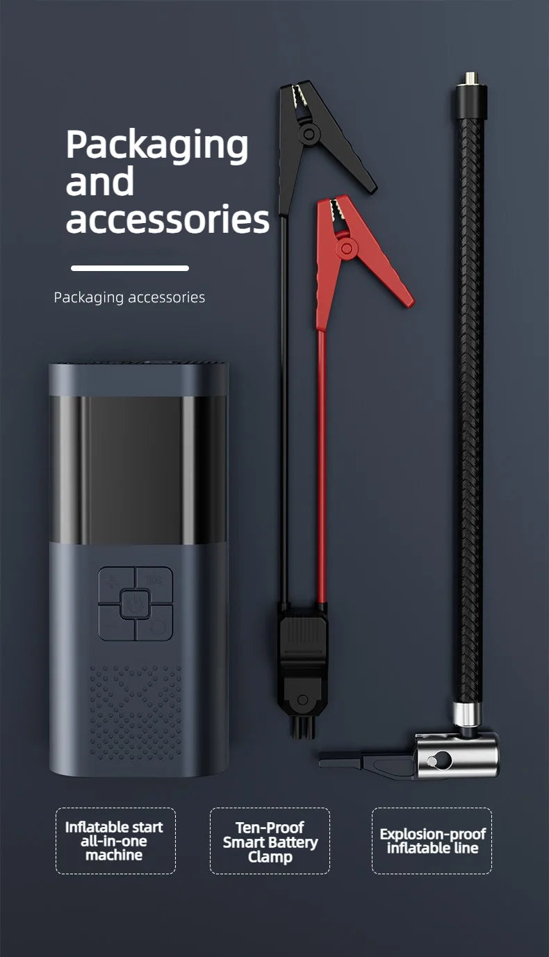 Car emergency jump starter with built-in air pump, 12V battery emergency power supply, and jump-start device