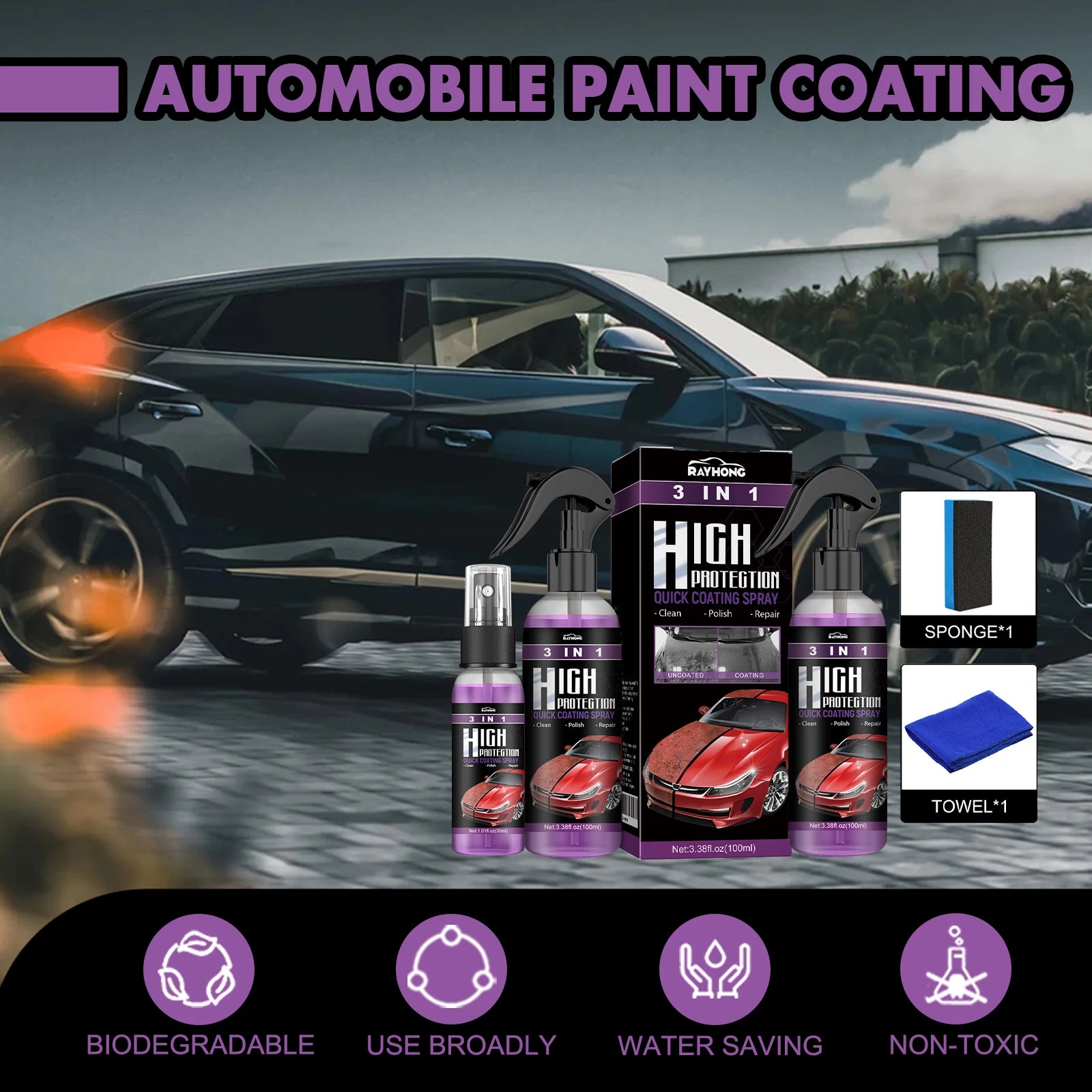 3-IN-1 Car Quick Ceramic Coating Spray High Protection Nano Coating Polishing Fortify Hydrophobic Enhance Car Paint Gloss Shine