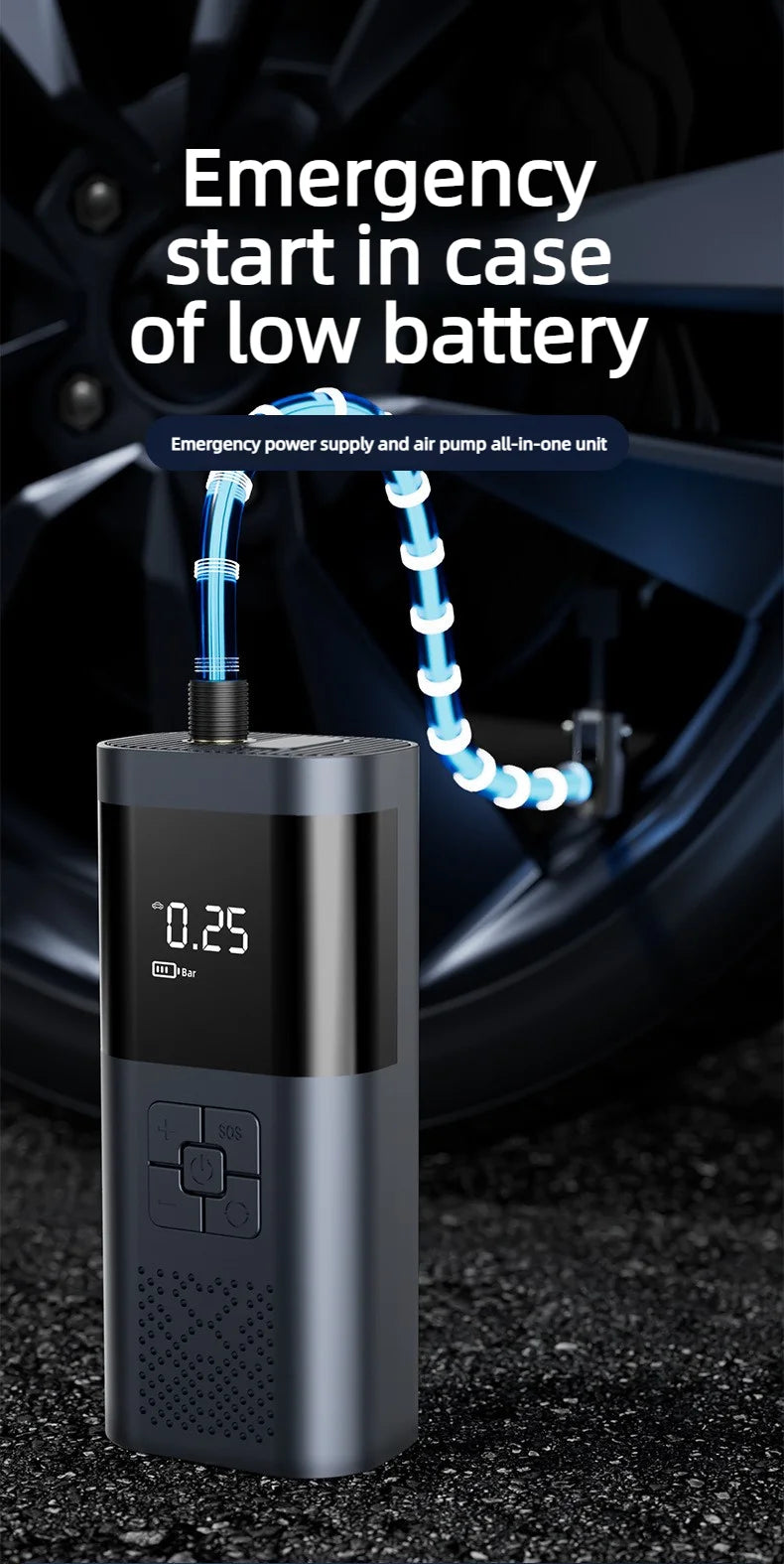 Car emergency jump starter with built-in air pump, 12V battery emergency power supply, and jump-start device