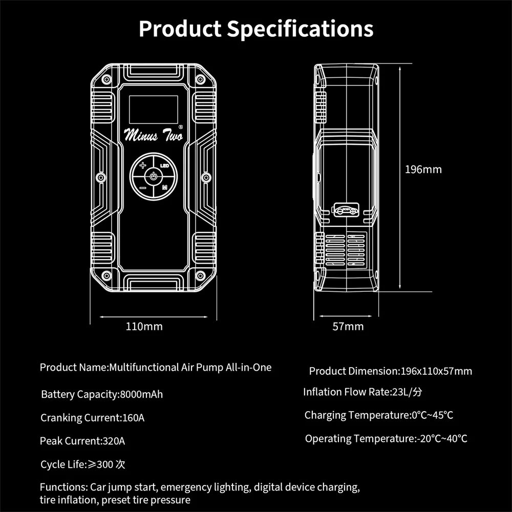 Emergency Startup Power Source - Integrated Unit for Car Air Pump and Vehicle Battery Strong Start Jumper Battery Power Tool - I