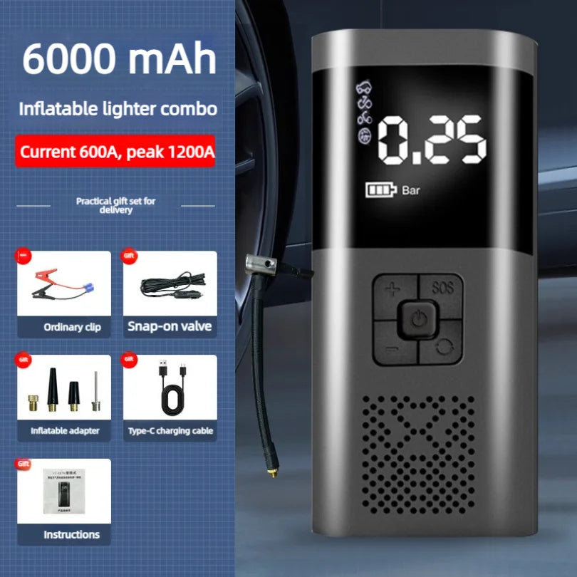 Car emergency jump starter with built-in air pump, 12V battery emergency power supply, and jump-start device