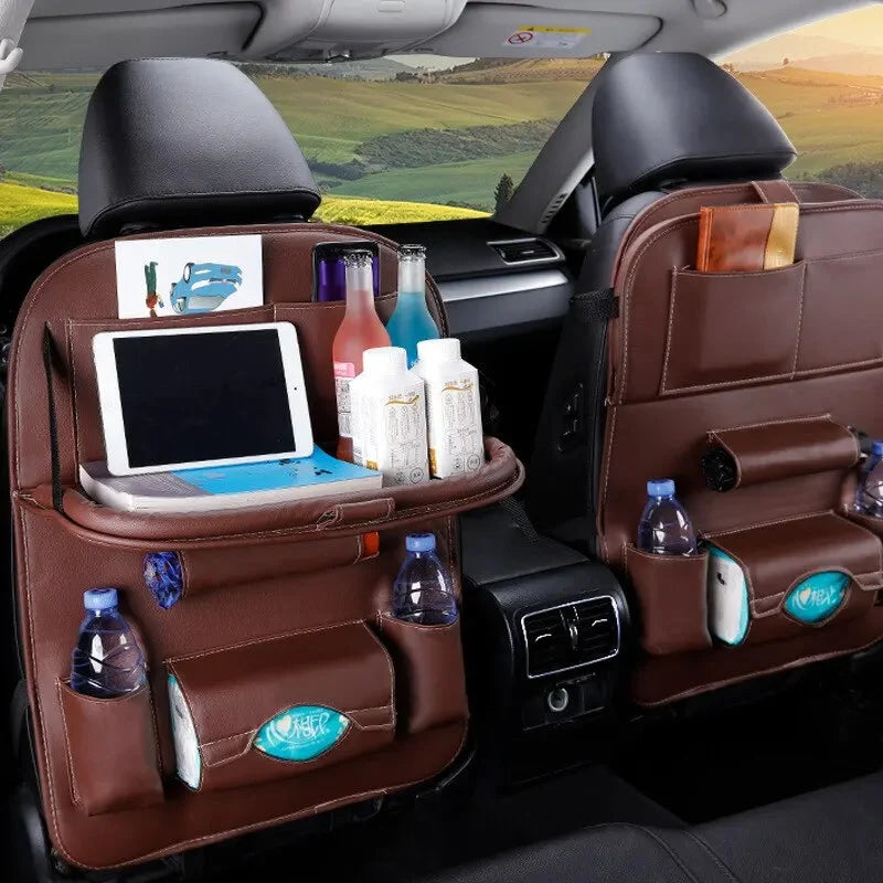 Car Seat Back Organizer with Foldable Table Tray – PU Leather Storage