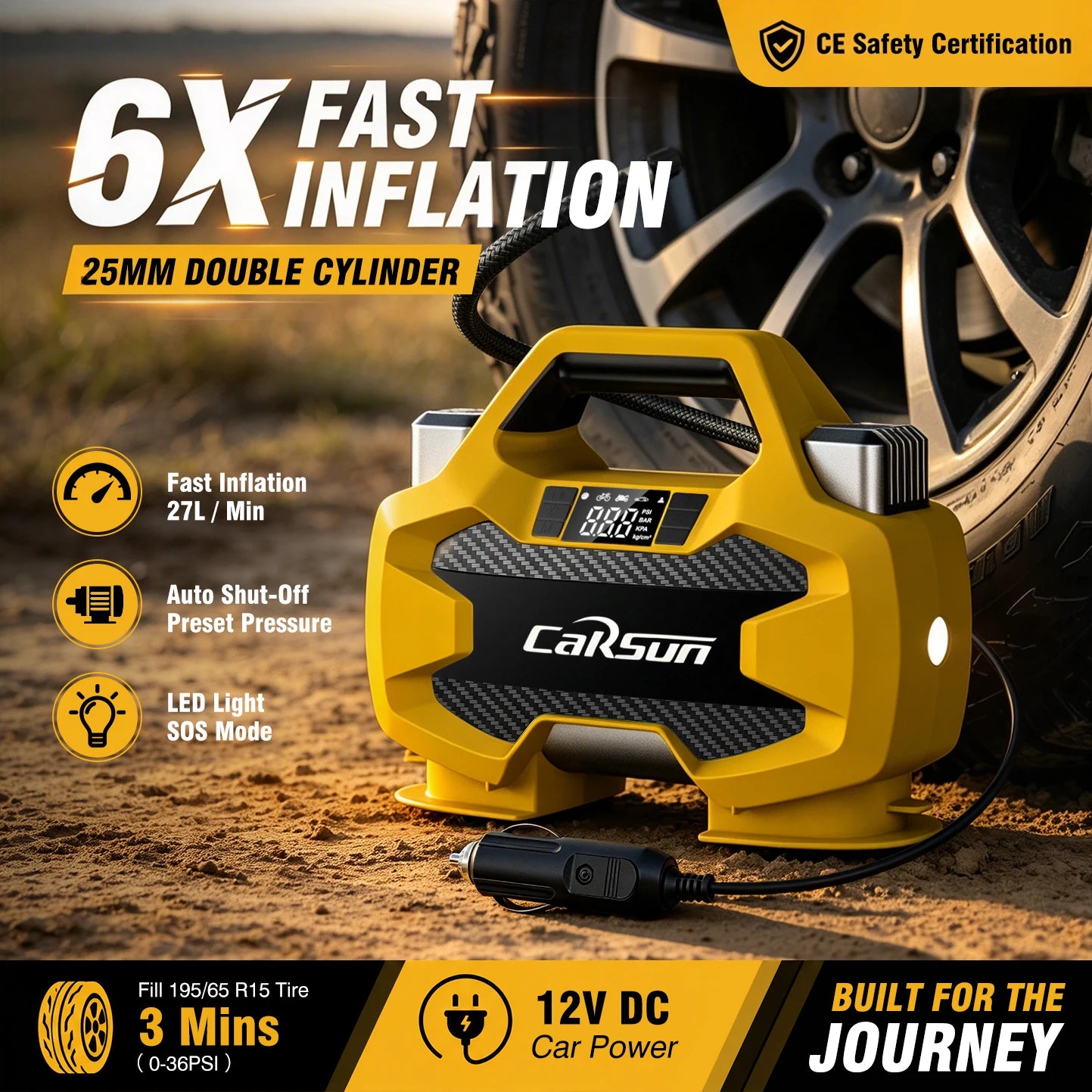 CARSUN Emergency Car Tire Inflator 12V 80PSI Double Cylinder Air Compressor 180W Fast Inflation Auto Shut-off LED for SUV RV CE