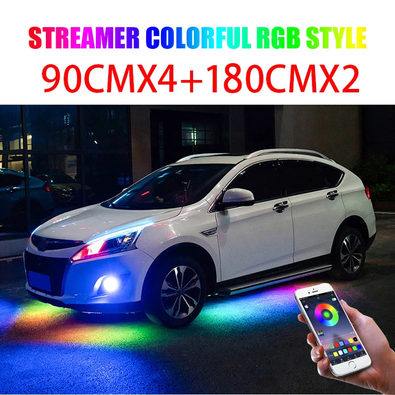 RGB Multicolor Flexible Flowing Car LED Light Underglow Underbody Waterproof Automobile Chassi Neon Atmosphere Light