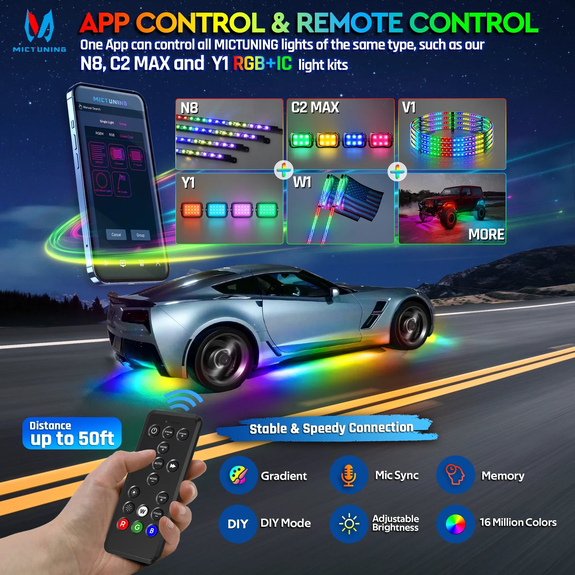 MICTUNING N8 Car Underglow Light Strips RGBW LED With Wireless App & Remote Dual Control Auto RGB Atmosphere Decorative Lamps
