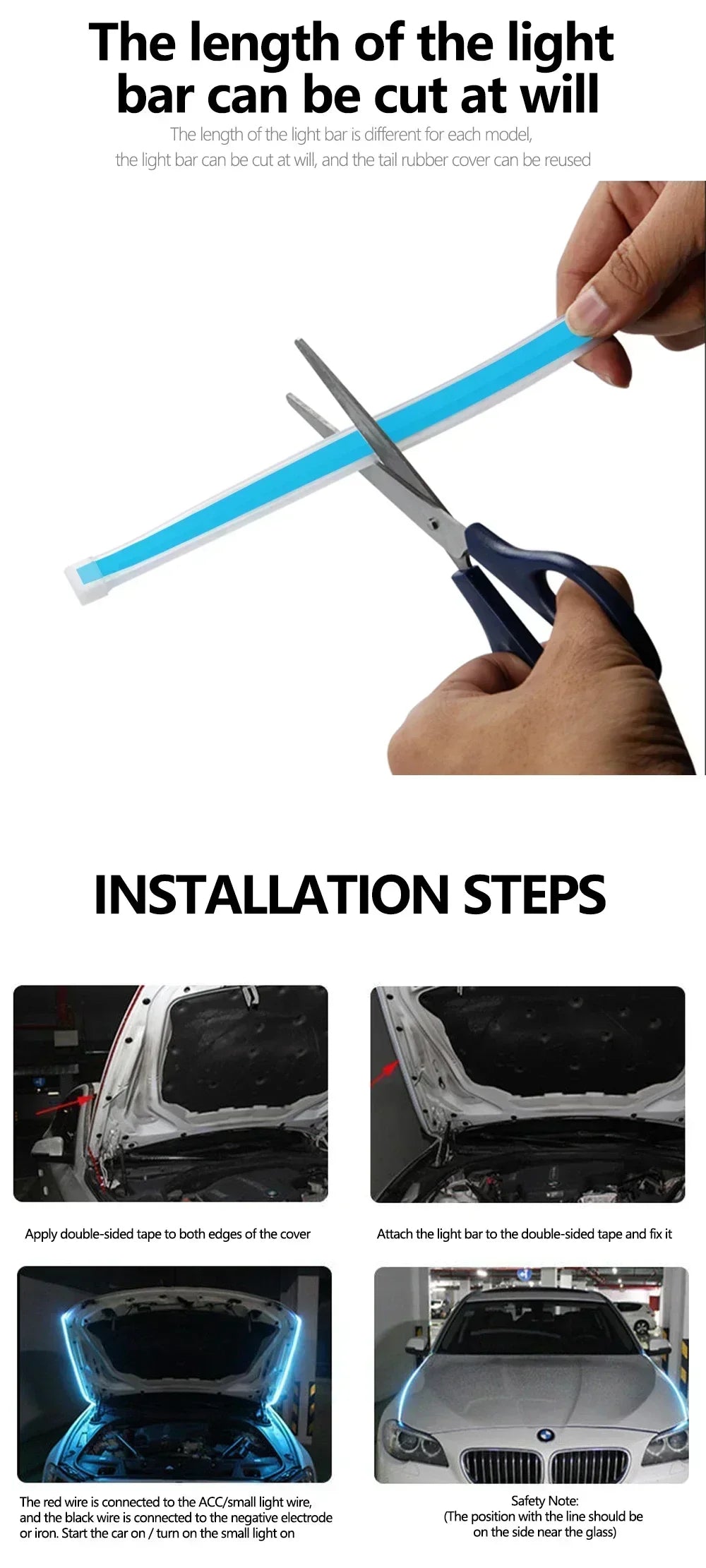 LED Car Hood Decorative Lights Daytime Running Light Steady on Starting DRL Auto Engine Guide Decorative Ambient Lamp 12V