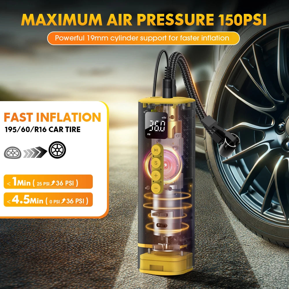 Car Tire Air Pump 12V 150PSI Air Compressor Portable Wired Inflator For Car Motorcycle Bicycle with Extended Power Cord