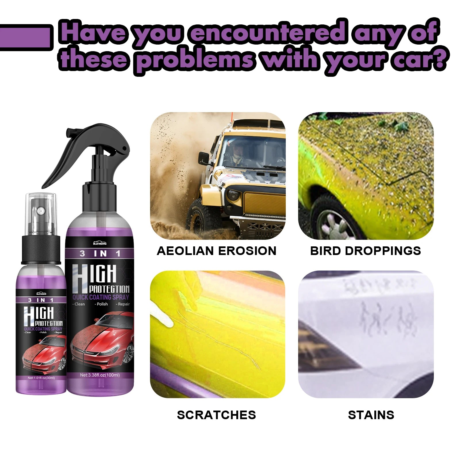 3-IN-1 Car Quick Ceramic Coating Spray High Protection Nano Coating Polishing Fortify Hydrophobic Enhance Car Paint Gloss Shine