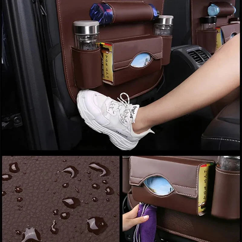 Car Seat Back Organizer with Foldable Table Tray – PU Leather Storage