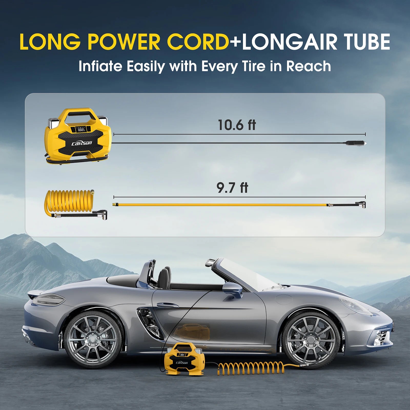 CARSUN Emergency Car Tire Inflator 12V 80PSI Double Cylinder Air Compressor 180W Fast Inflation Auto Shut-off LED for SUV RV CE