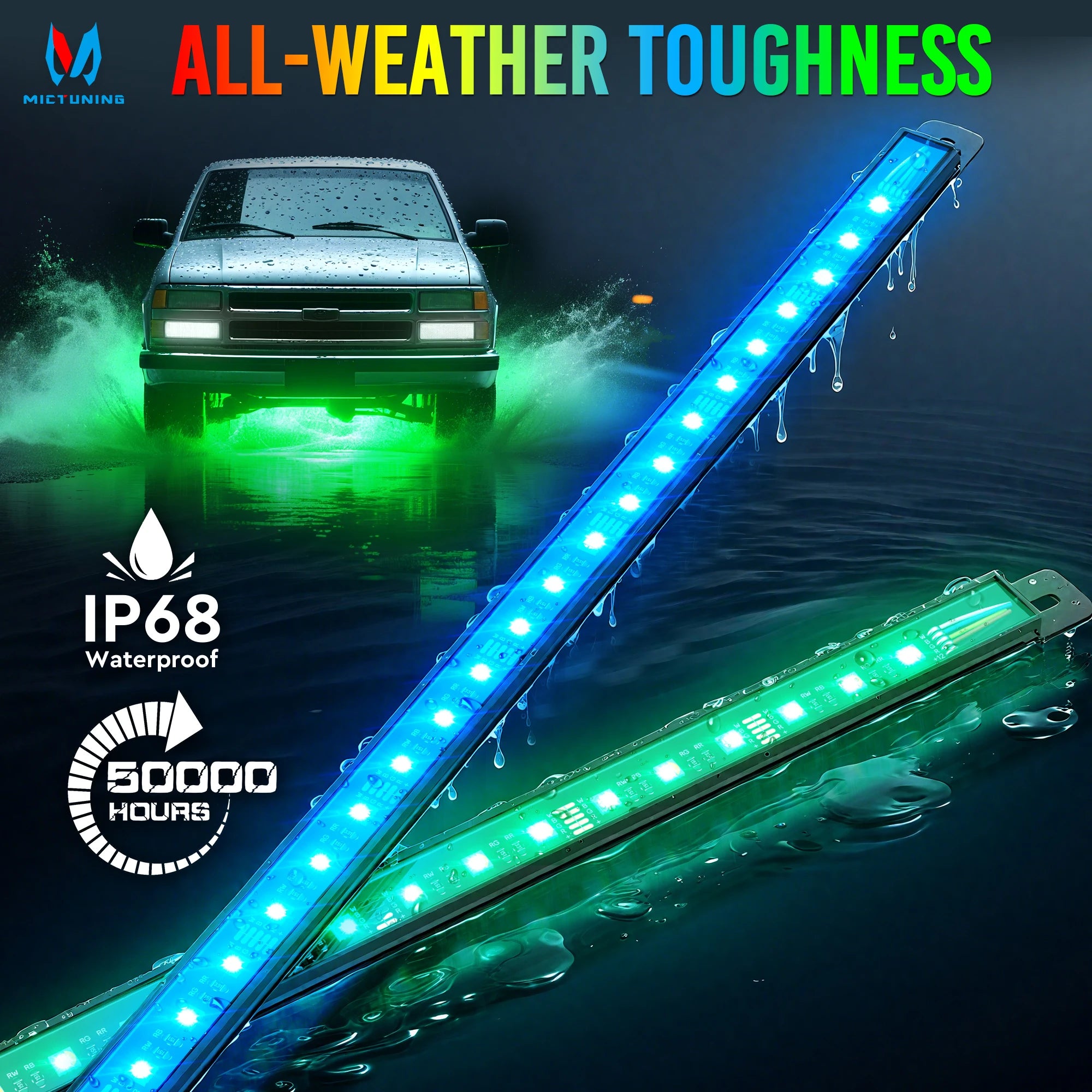 RGBW Car Underglow Light Strip 12V LED Underbody Ambient Light with Aluminum Housing, Car Exterior Neon Accent IP68 Waterproof