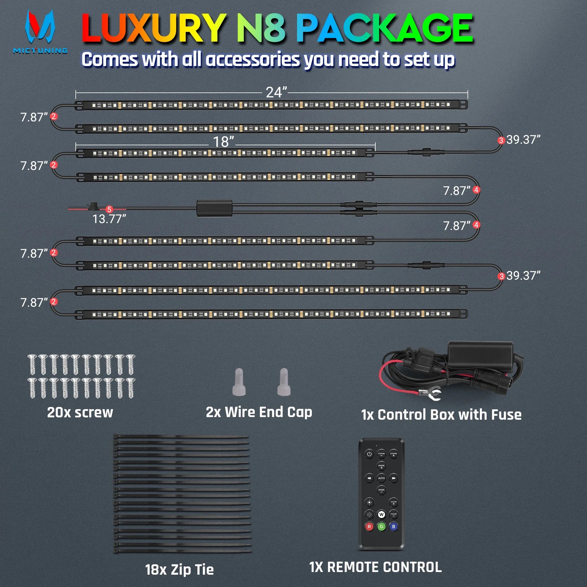 MICTUNING N8 Car Underglow Light Strips RGBW LED With Wireless App & Remote Dual Control Auto RGB Atmosphere Decorative Lamps