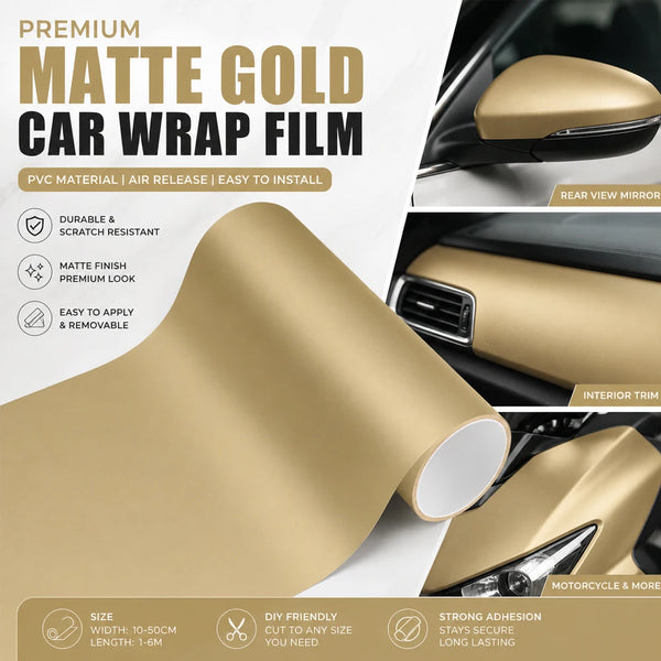 Car Vinyl Wrap Roll Film Matte Gold DIY Motorcycle Body Styling Decal Auto Interior Console Modification Film Air Release Cover