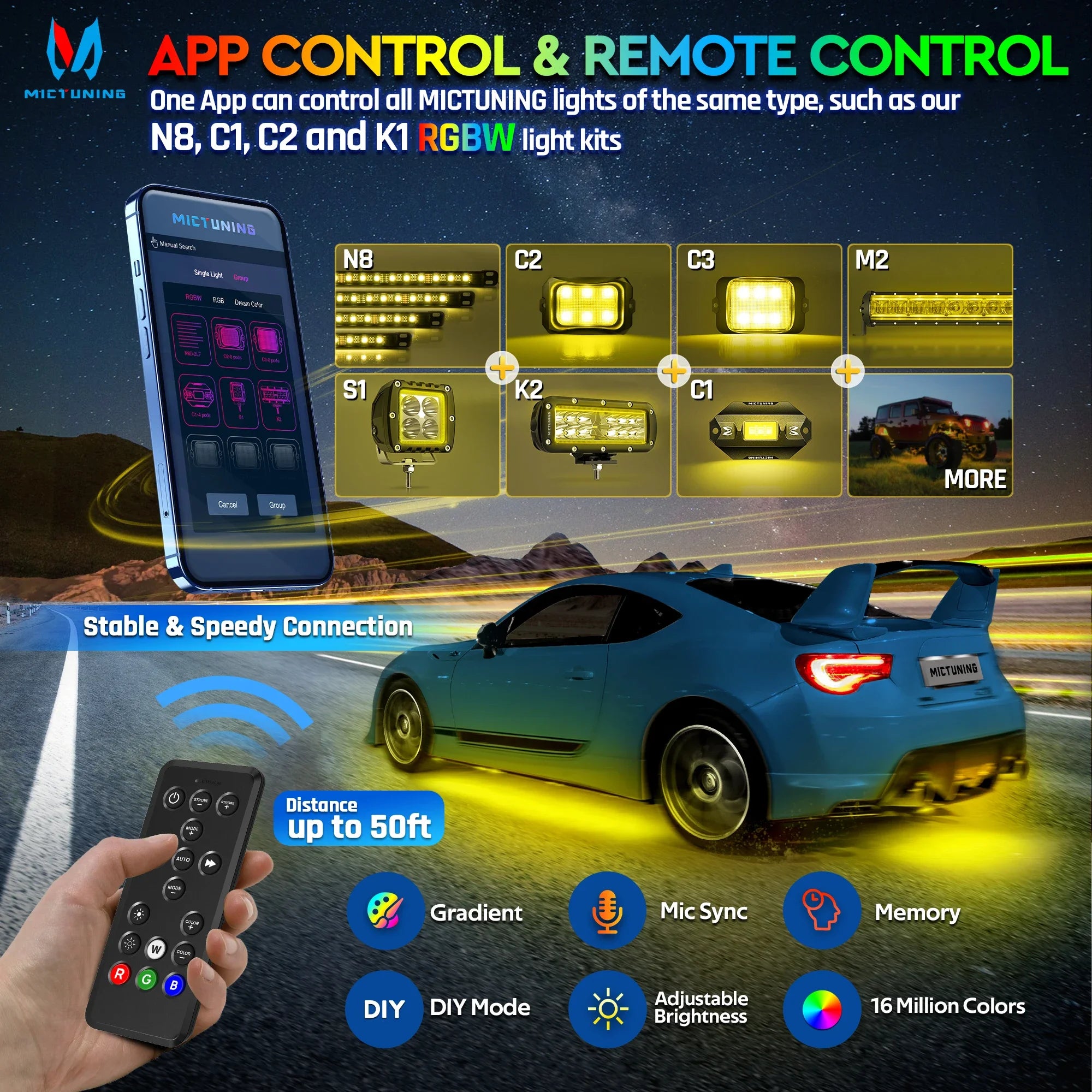 MICTUNING N8 Car Underglow Light Strips RGBW LED With Wireless App & Remote Dual Control Auto RGB Atmosphere Decorative Lamps