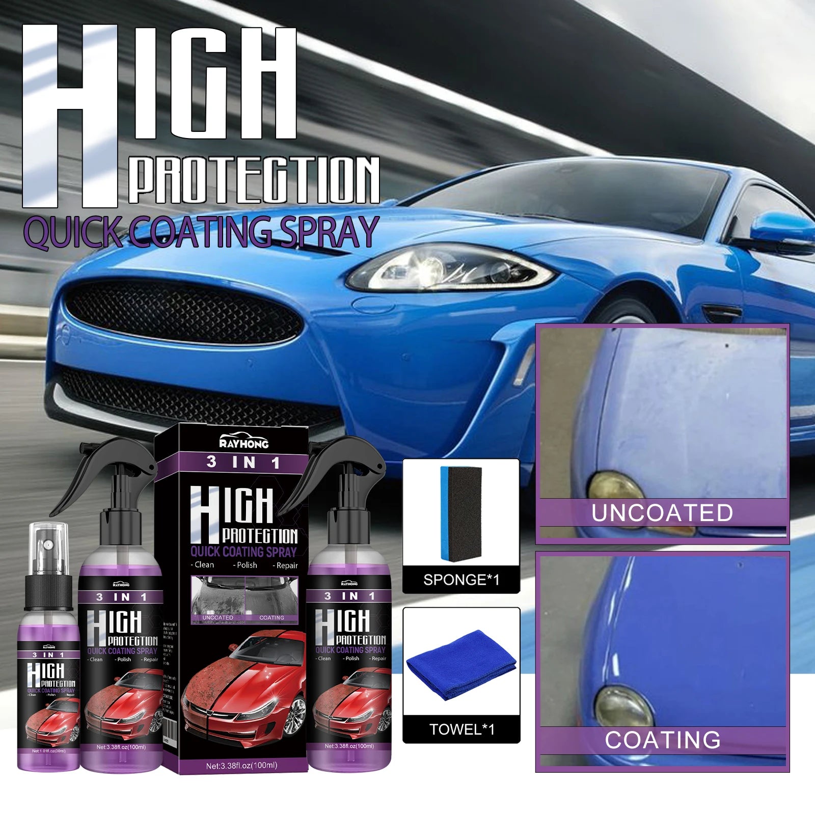 3-IN-1 Car Quick Ceramic Coating Spray High Protection Nano Coating Polishing Fortify Hydrophobic Enhance Car Paint Gloss Shine