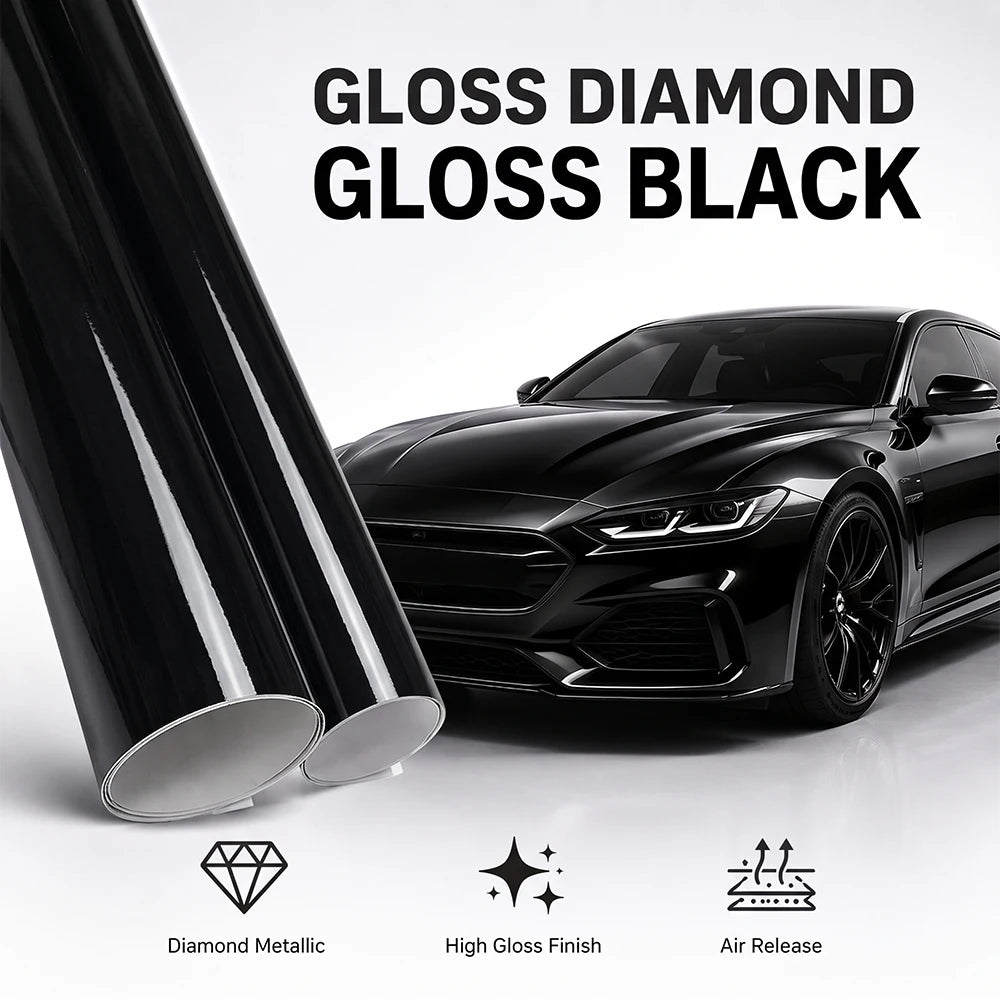 Glossy Black Vinyl Wrap Film Car Wrapping Decal Roll Bubble Free Air Release Vehicle Motocycle Sticker DIY Adhesive Accessories