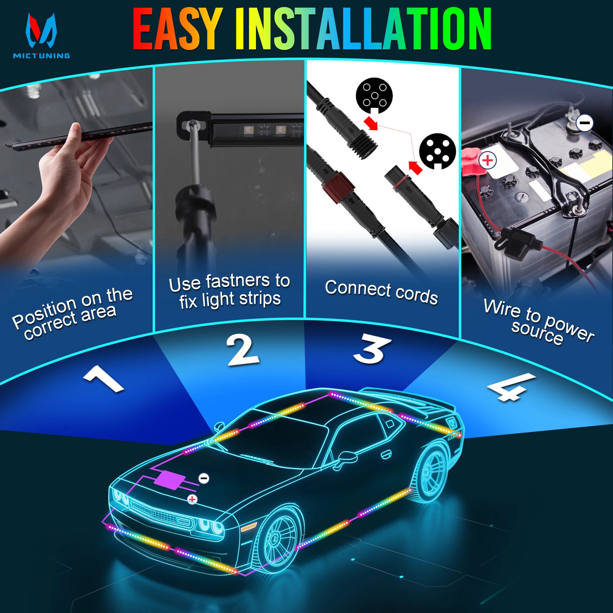 RGBW Car Underglow Light Strip 12V LED Underbody Ambient Light with Aluminum Housing, Car Exterior Neon Accent IP68 Waterproof