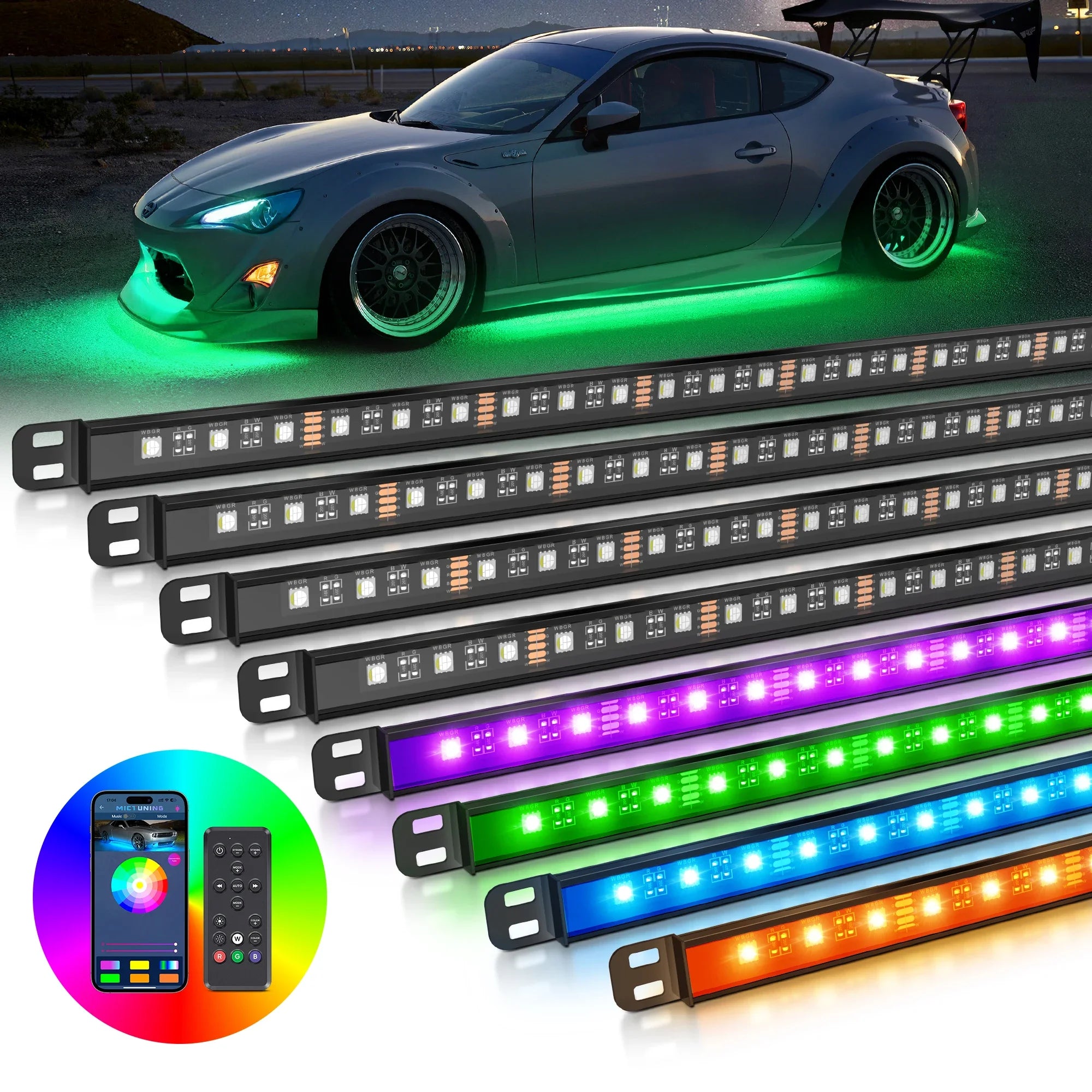 MICTUNING N8 Car Underglow Light Strips RGBW LED With Wireless App & Remote Dual Control Auto RGB Atmosphere Decorative Lamps