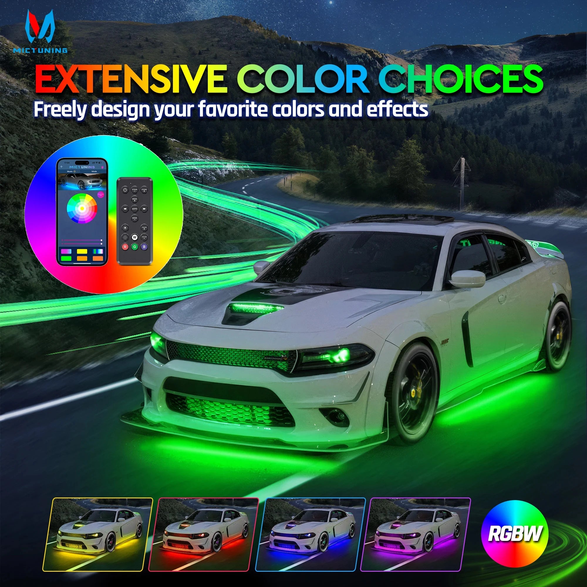 MICTUNING N8 Car Underglow Light Strips RGBW LED With Wireless App & Remote Dual Control Auto RGB Atmosphere Decorative Lamps