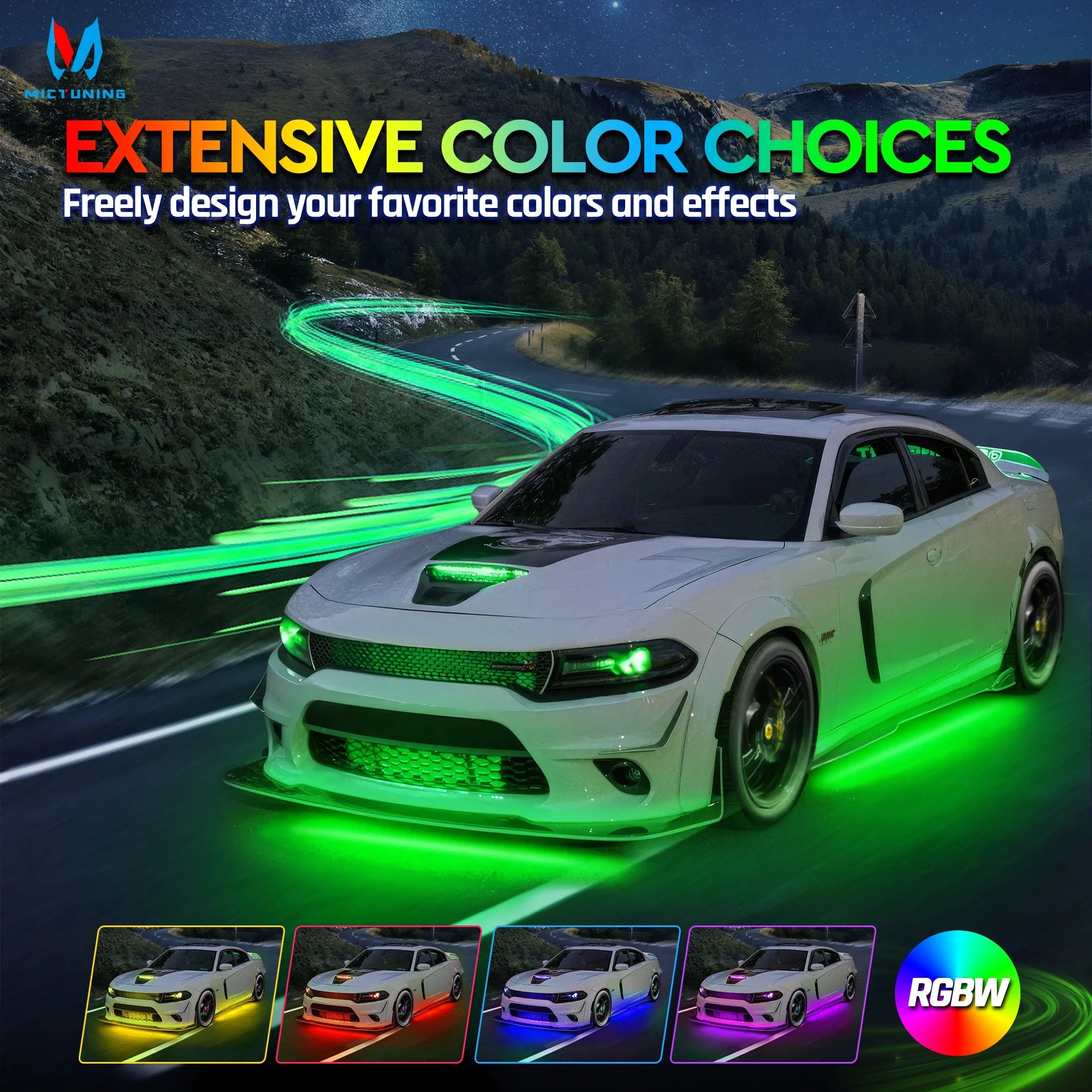 MICTUNING N8 Car Underglow Light Strips RGBW LED With Wireless App & Remote Dual Control Auto RGB Atmosphere Decorative Lamps