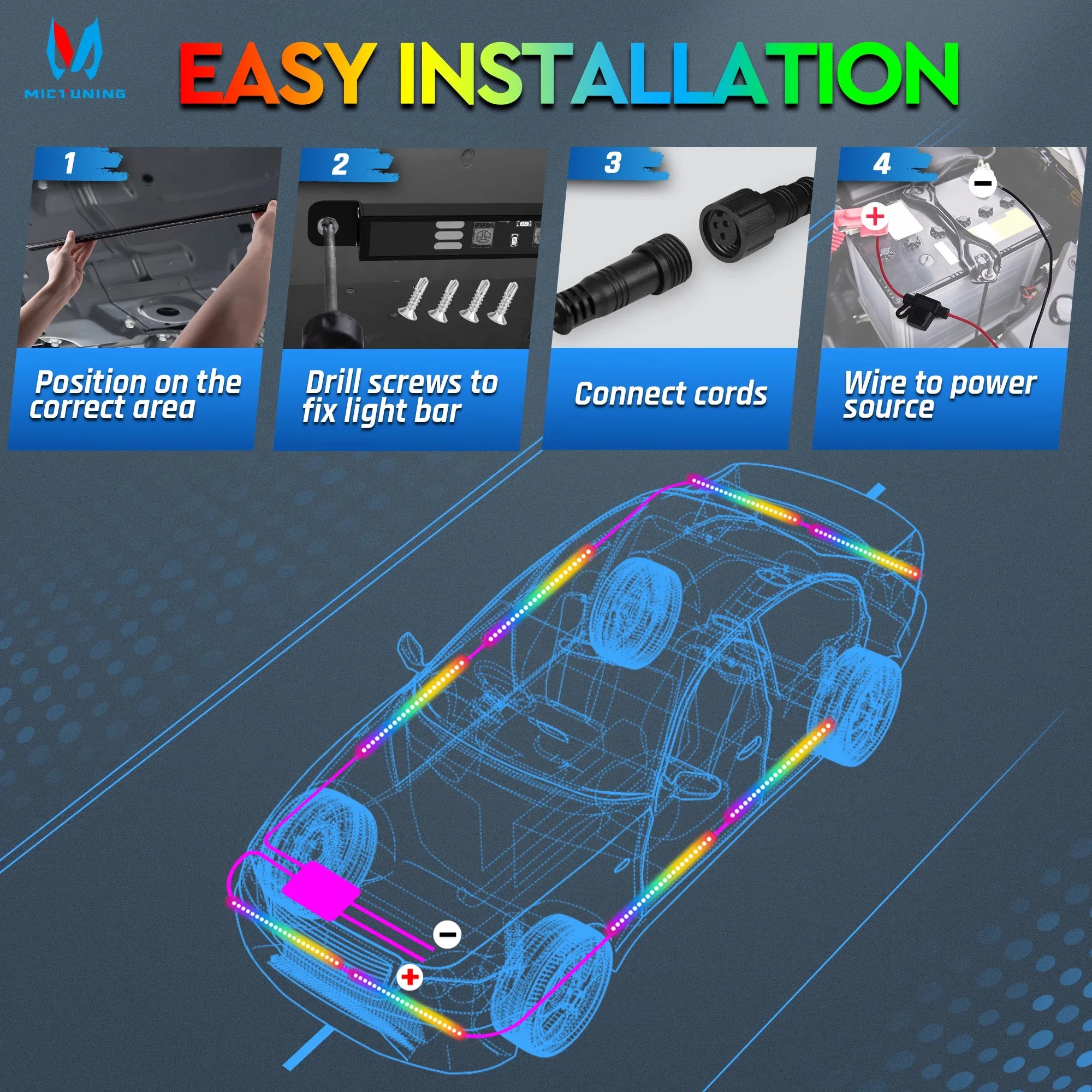 MICTUNING N8 Car Underglow Light Strips RGBW LED With Wireless App & Remote Dual Control Auto RGB Atmosphere Decorative Lamps