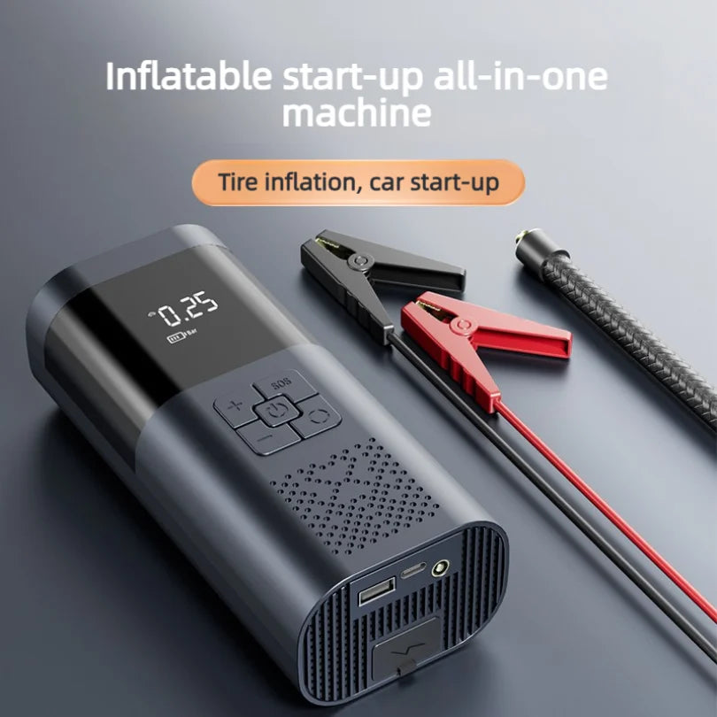 Car emergency jump starter with built-in air pump, 12V battery emergency power supply, and jump-start device
