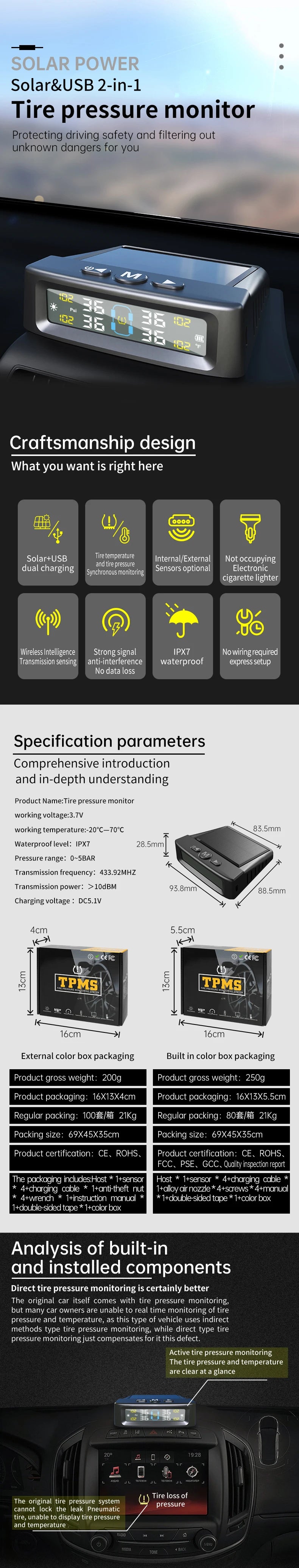Tire Pressure Monitoring System Car Safety Alarm Wireless Solar/USB Powered 4/6 Sensors Color Digital Display For Caravan Truck