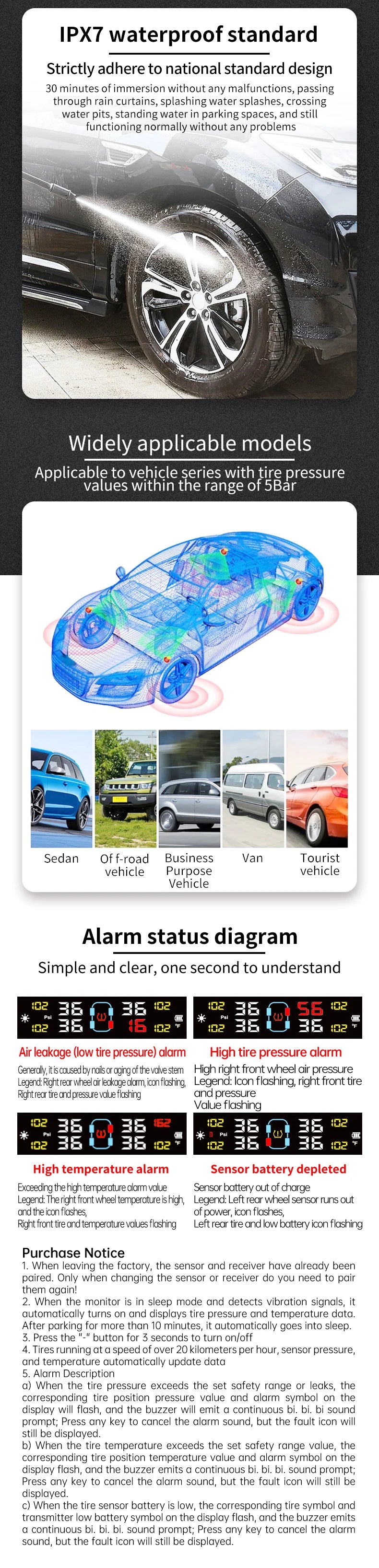 Tire Pressure Monitoring System Car Safety Alarm Wireless Solar/USB Powered 4/6 Sensors Color Digital Display For Caravan Truck