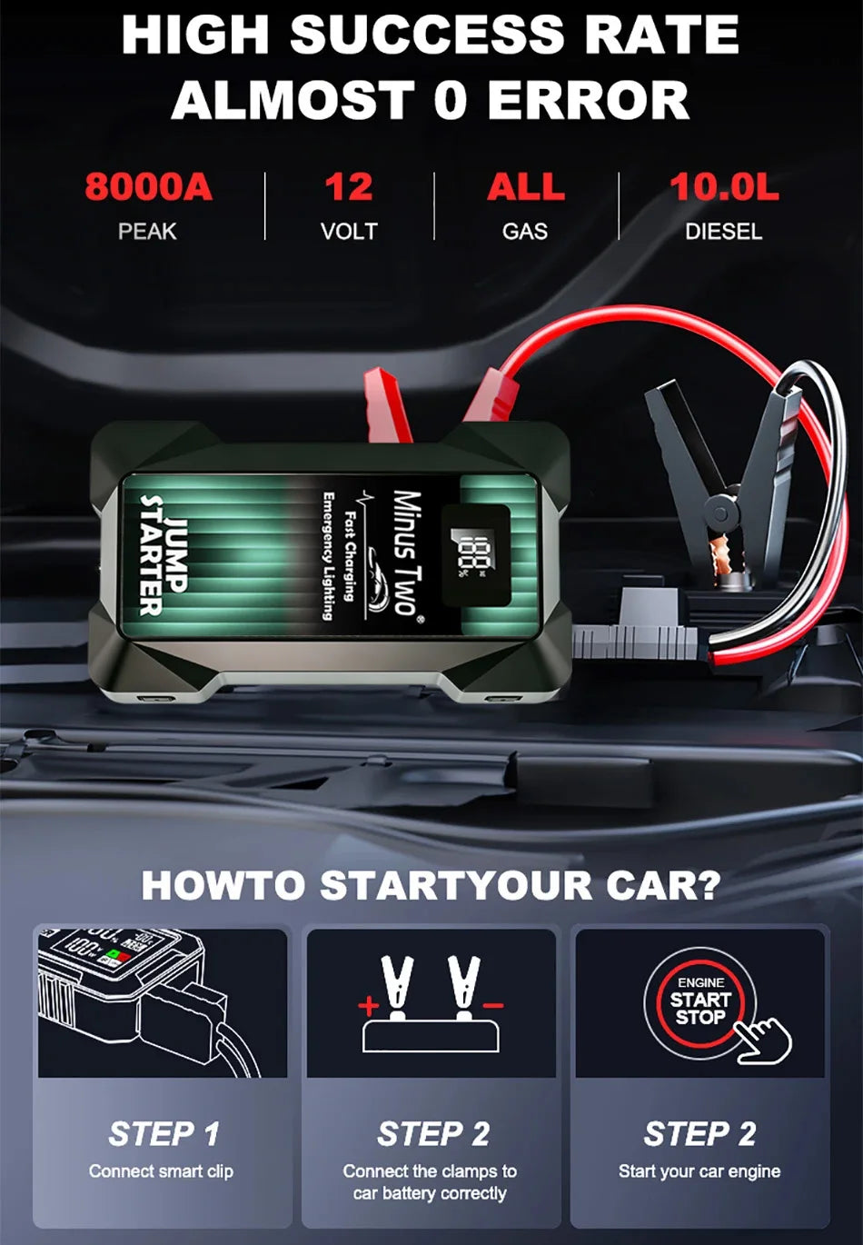 Car Jump Starter Battery Power Bank Portable Emergency Starter Booster 12V Auto Starting Device for Petrol Vehicle Start