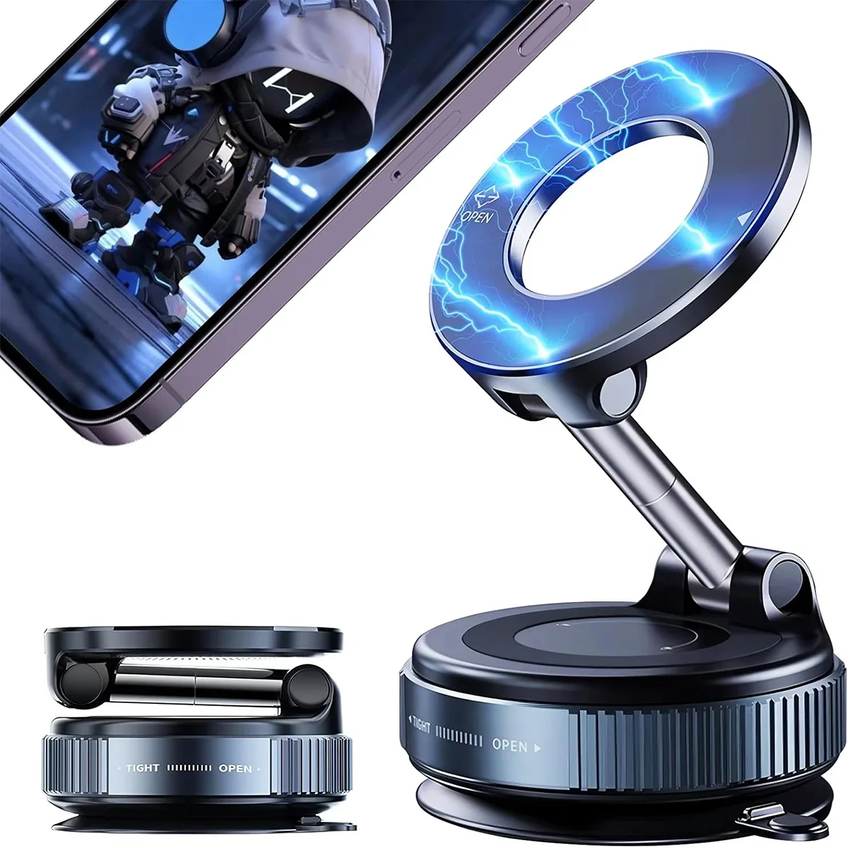 360° Foldable Vacuum Magnetic Phone Holder, Magnetic Car Phone Mount, Hands-Free Suction Cup Phone Holder for Smooth Surface