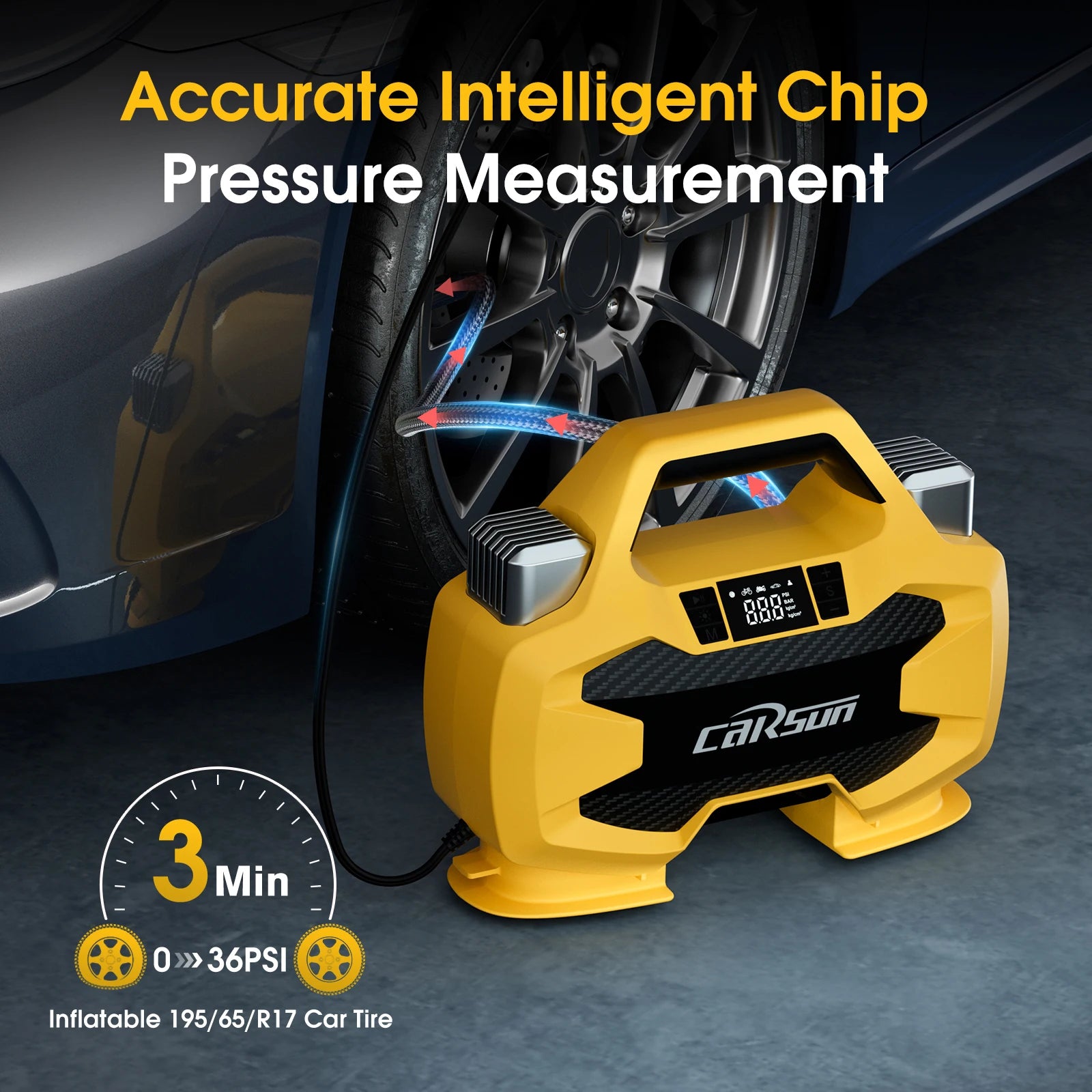 CARSUN Emergency Car Tire Inflator 12V 80PSI Double Cylinder Air Compressor 180W Fast Inflation Auto Shut-off LED for SUV RV CE