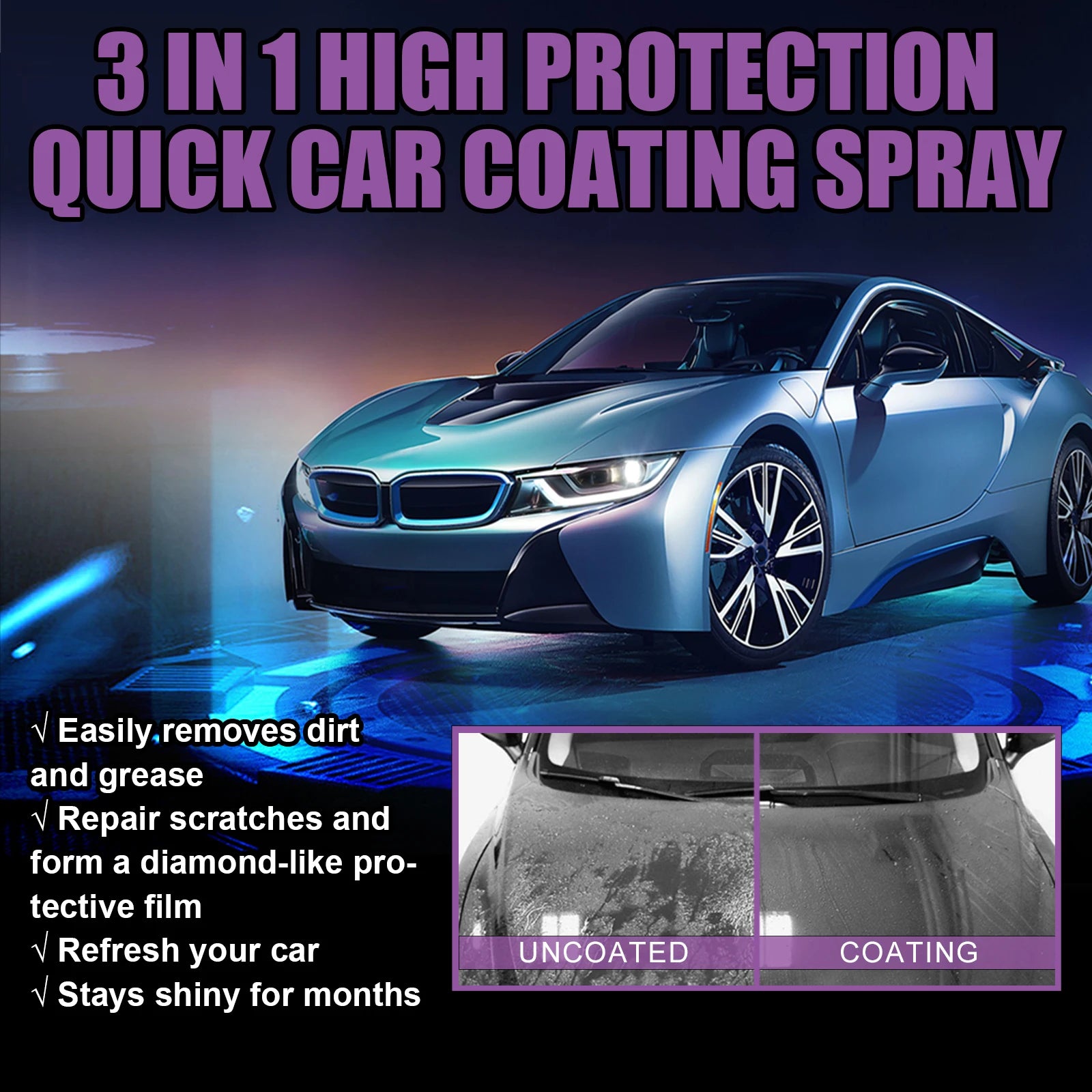 3-IN-1 Car Quick Ceramic Coating Spray High Protection Nano Coating Polishing Fortify Hydrophobic Enhance Car Paint Gloss Shine