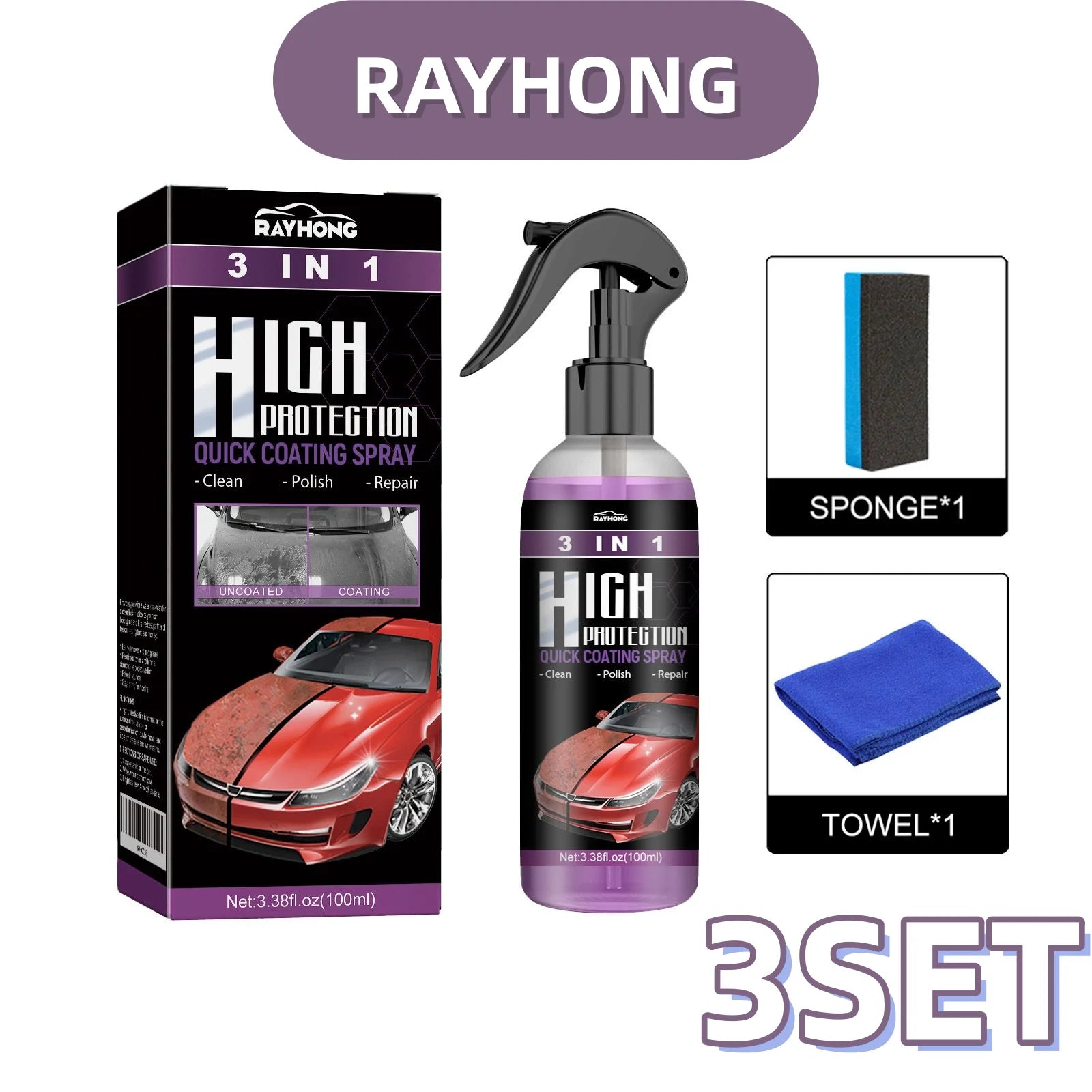 3-IN-1 Car Quick Ceramic Coating Spray High Protection Nano Coating Polishing Fortify Hydrophobic Enhance Car Paint Gloss Shine