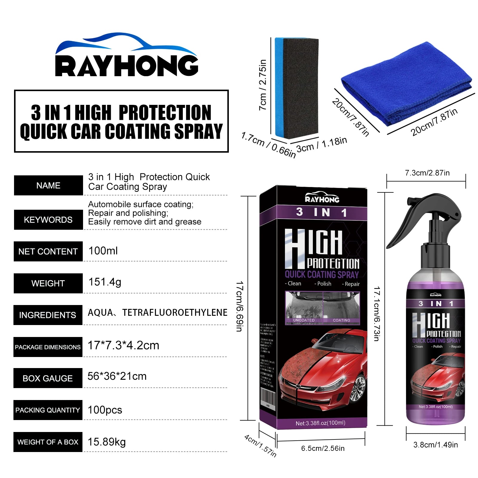 3-IN-1 Car Quick Ceramic Coating Spray High Protection Nano Coating Polishing Fortify Hydrophobic Enhance Car Paint Gloss Shine
