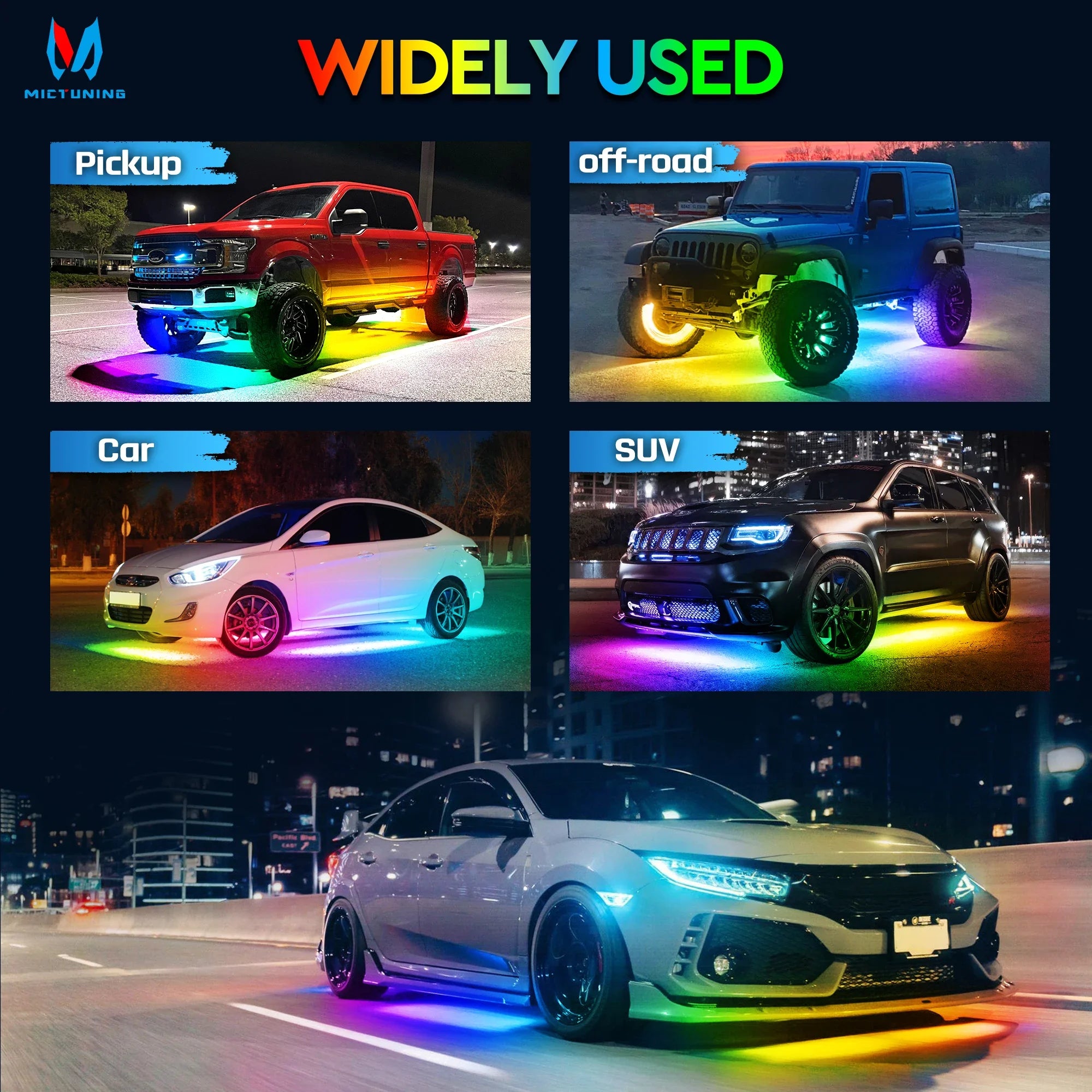 MICTUNING N8 Car Underglow Light Strips RGBW LED With Wireless App & Remote Dual Control Auto RGB Atmosphere Decorative Lamps